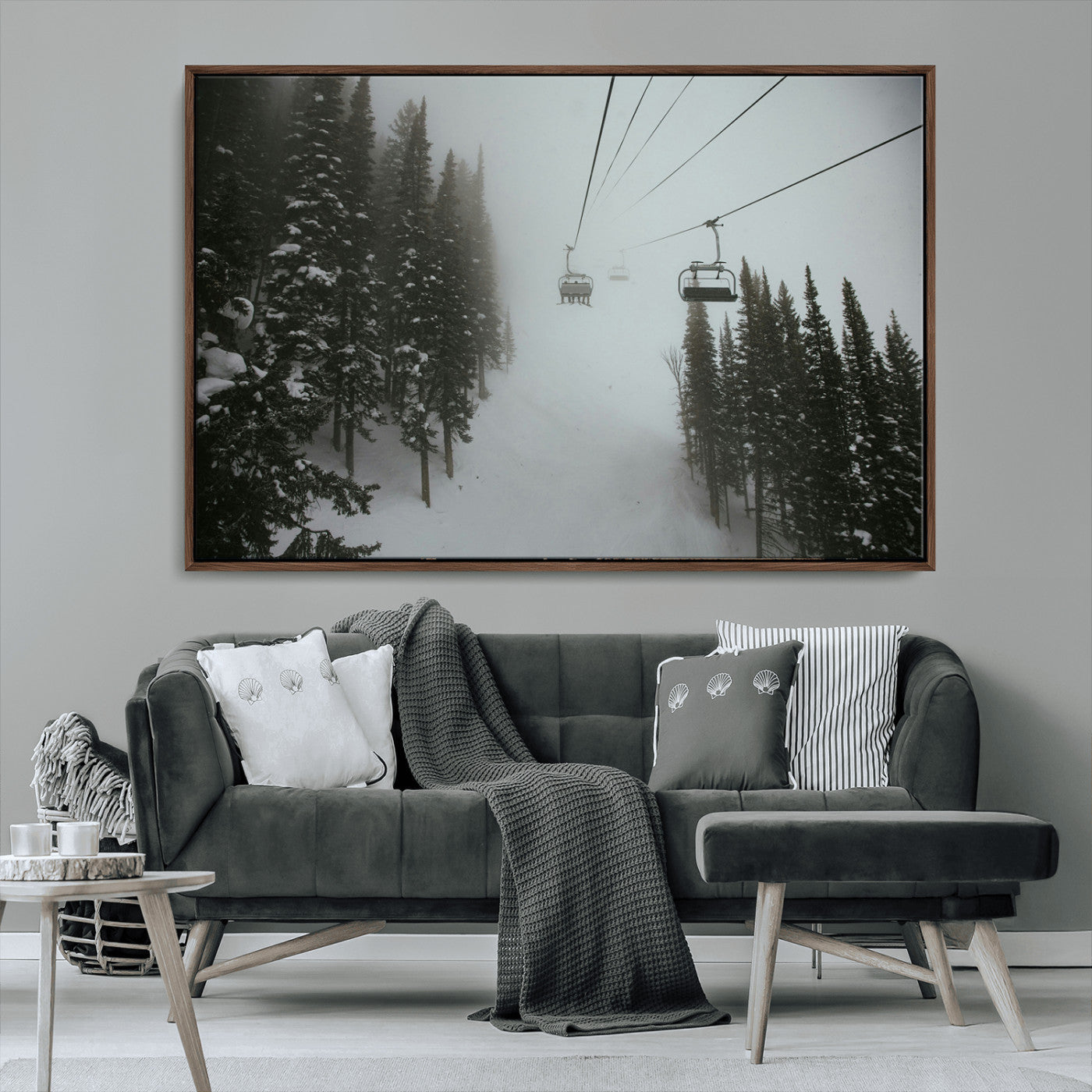 MGV-FC-36X24 - Ski Lift Wall Art Canvas Print, Framed Snowy Pines Art Picture Print, Misty Landscape Perfect Winter Serenity Decor Artwork