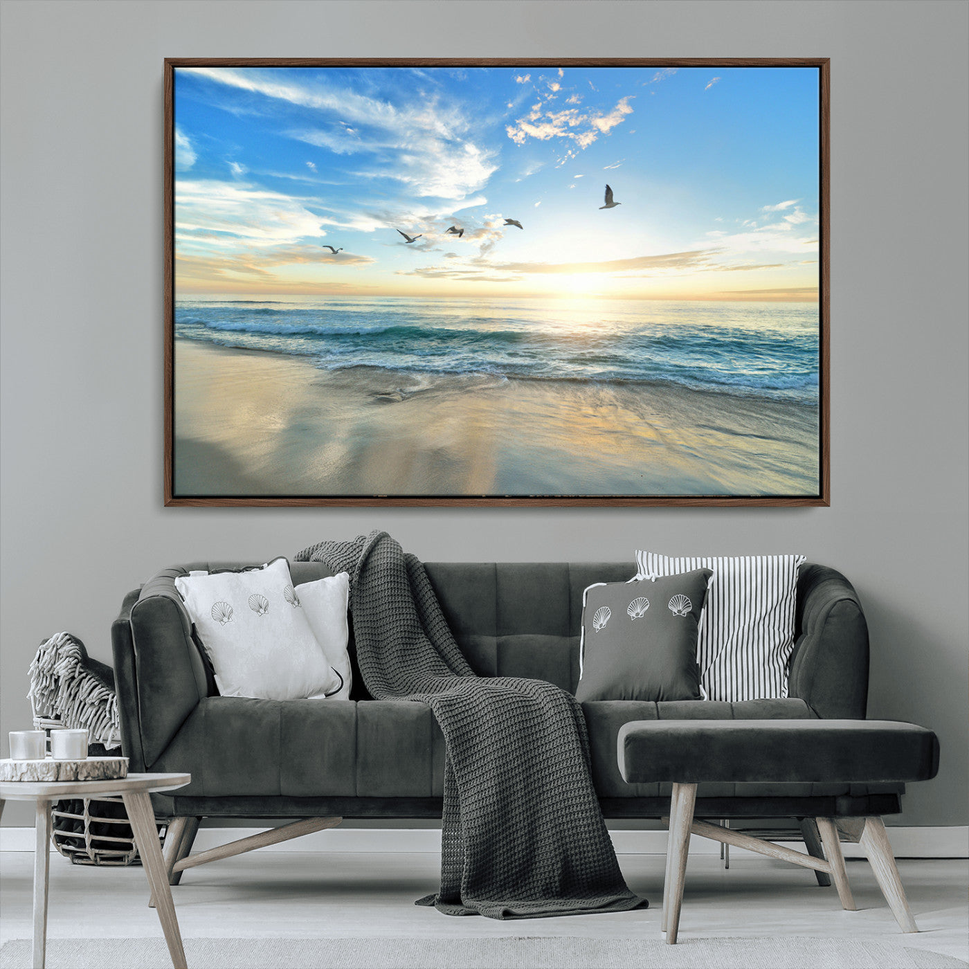 MGV-FC-36X24 - Minimalist Seaside Wall Art Canvas Print, Framed Morning Glow Art Picture Print, Golden Reflections Perfect Coastal Minimalist Decor Artwork