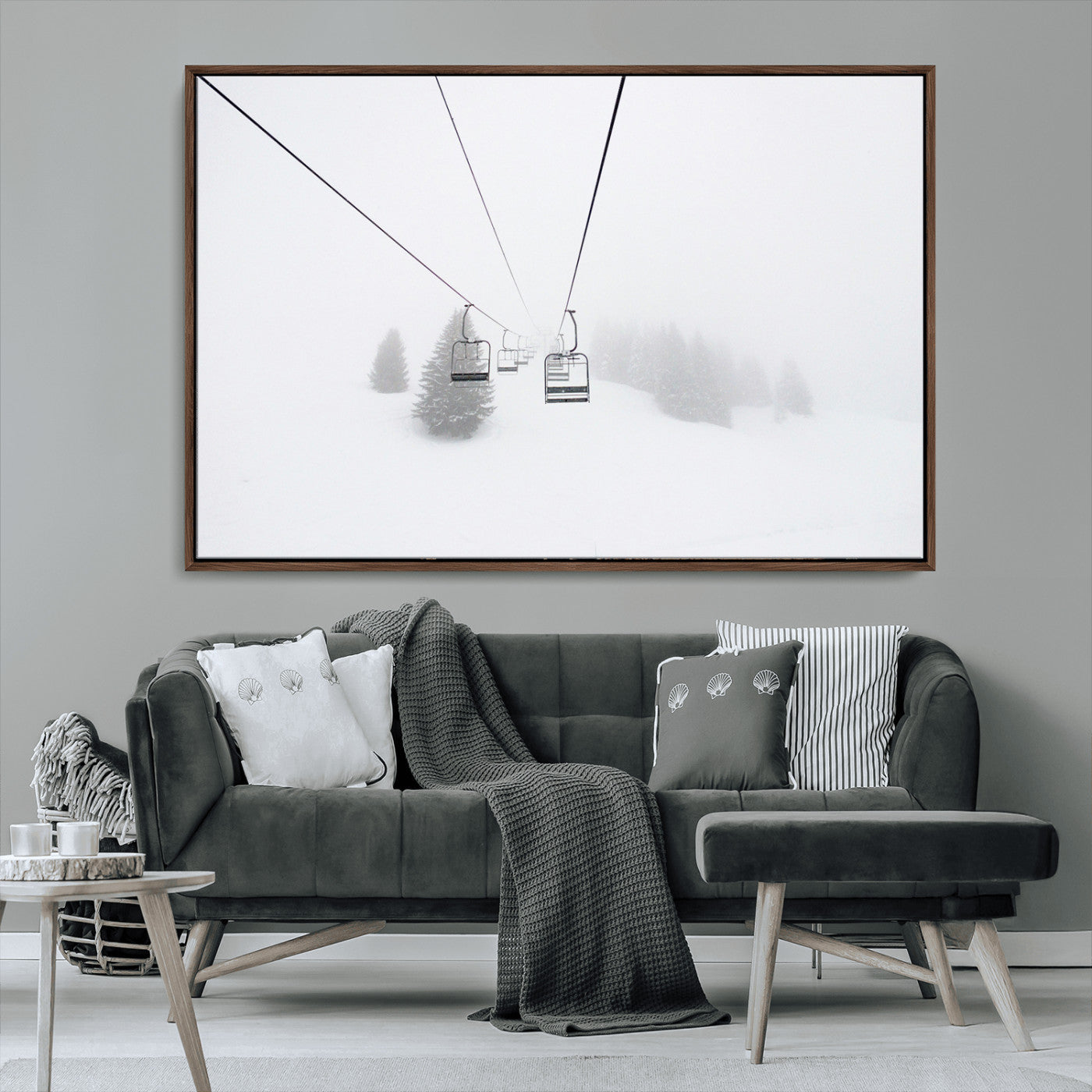 MGV-FC-36X24 - Ski Lift Wall Art Canvas Print, Framed Snowy Landscape Art Picture Print, Alpine Adventure Perfect Nordic Minimalist Decor Artwork
