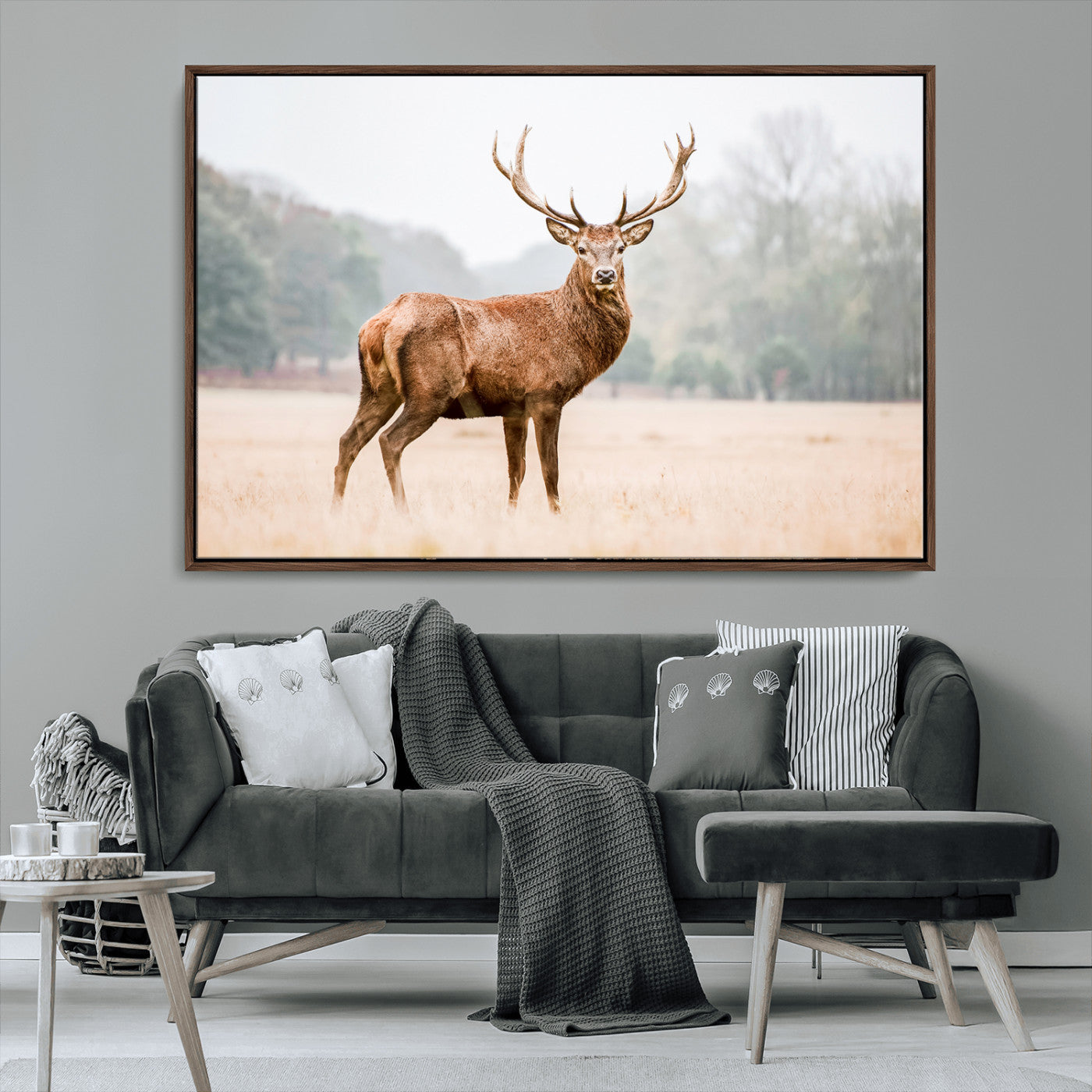 MGV-FC-36X24 - Vintage Wildlife Art Wall Art Canvas Print, Framed Misty Landscape Art Picture Print, Deer Wall Art Perfect Rustic Wildlife Decor Artwork