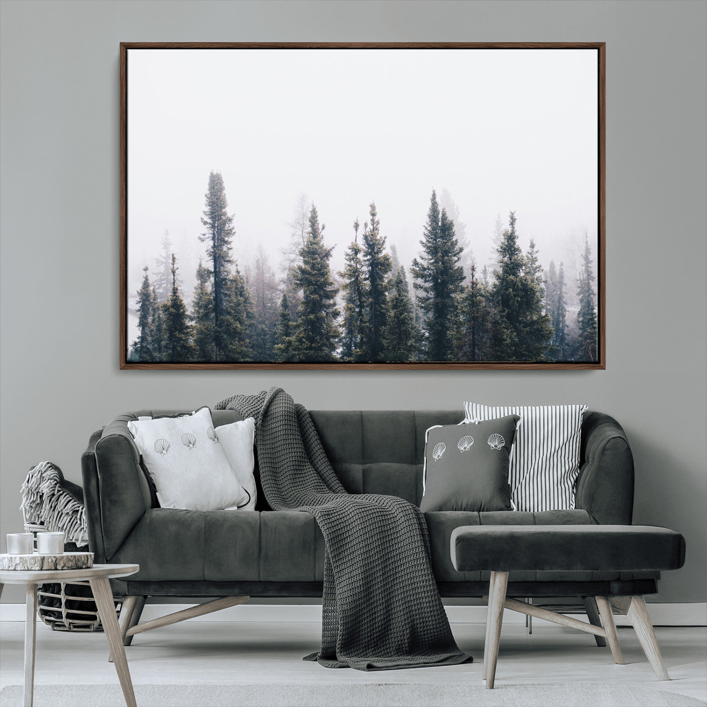 MGV-FC-36X24 - Foggy Forest Wall Art Canvas Print, Framed Misty Pines Art Picture Print, Moody Woodland Perfect Scandinavian Minimalist Decor Artwork
