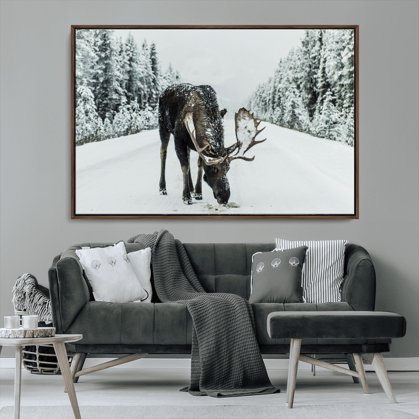 MGV-FC-36X24 - Moose in Snow Wall Art Canvas Print, Framed Winter Wildlife Art Picture Print, Snowy Forest Scene Perfect Rustic Lodge Decor Artwork