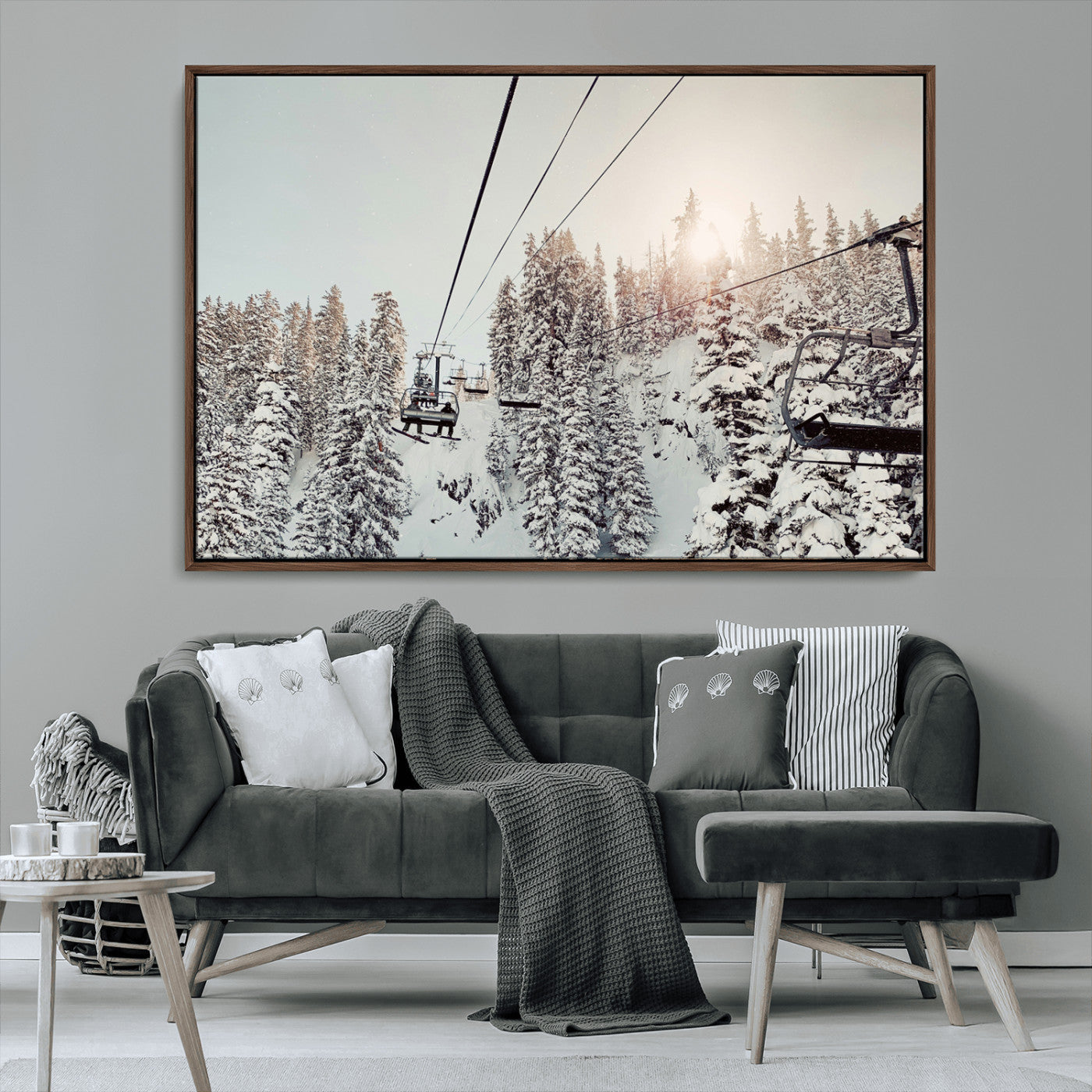 MGV-FC-36X24 - Frosty Pines Wall Art Canvas Print, Framed Cozy Cabin View Art Picture Print, Ski Lift Ride Perfect Rustic Lodge Decor Artwork