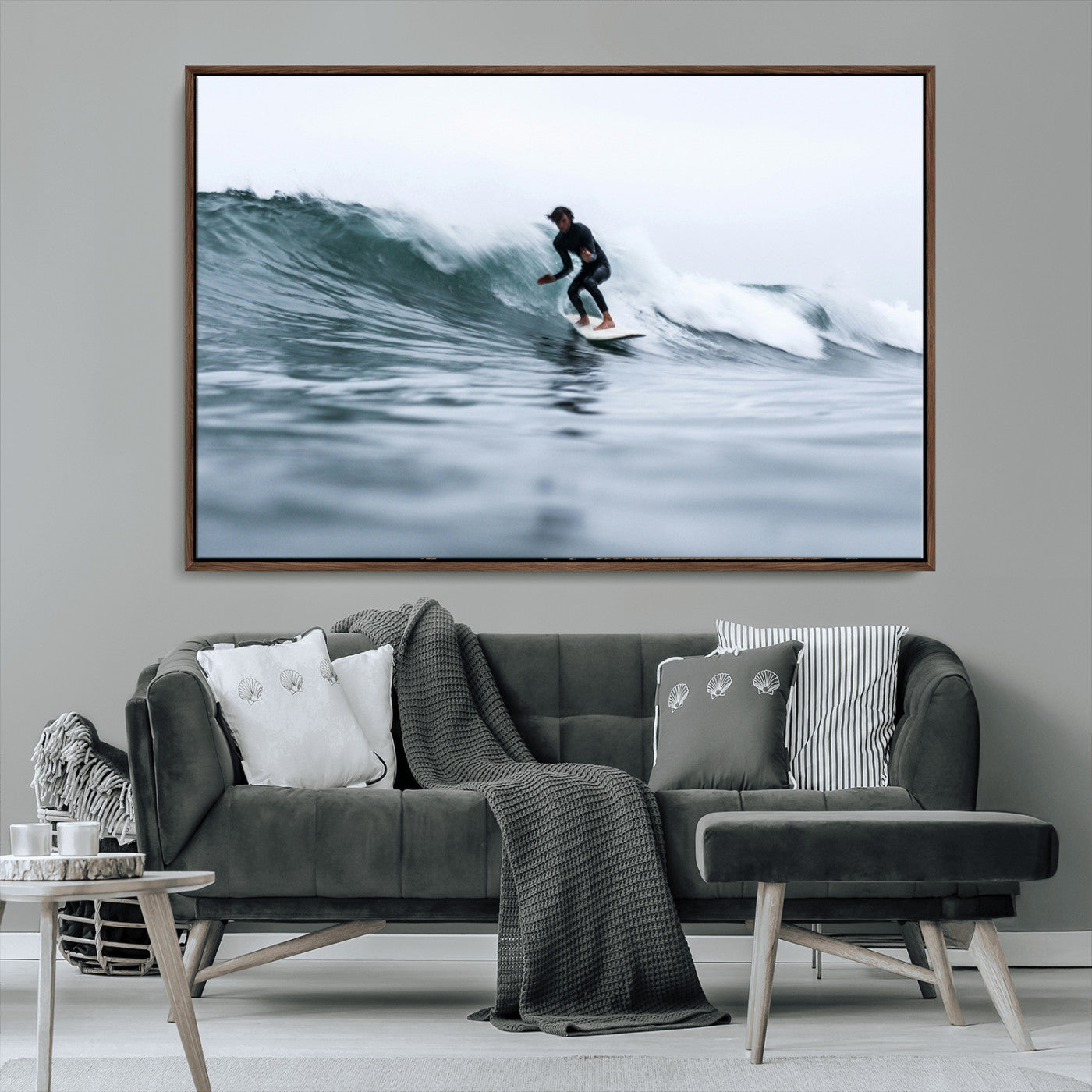 MGV-FC-36X24 - Surfer on Wave Wall Art Canvas Print, Framed Ocean Adventure Art Picture Print, Motion Blur Water Perfect Coastal Adventure Decor Artwork