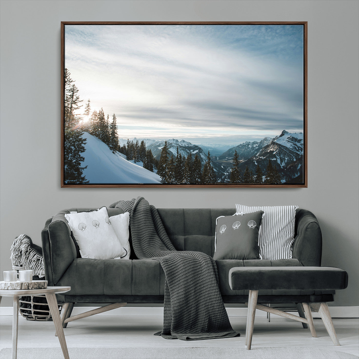 MGV-FC-36X24 - Snowy Mountains Wall Art Canvas Print, Framed Alpine Landscape Art Picture Print, Frosty Peaks Perfect Nordic Minimalist Decor Artwork