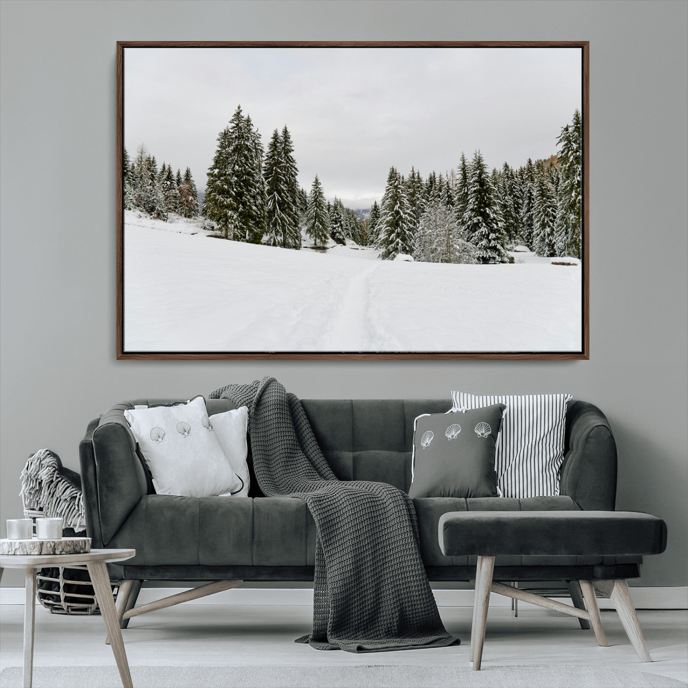 MGV-FC-36X24 - Frosty Pines Wall Art Canvas Print, Framed Silent Snowfall Art Picture Print, Cozy Cabin Vibes Perfect Nordic Minimalist Decor Artwork