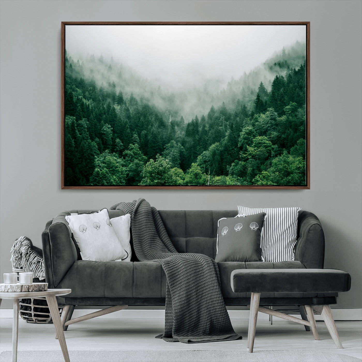 MGV-FC-36X24 - Misty Green Forest Canvas Print – Serene Foggy Pine Landscape Wall Art, Tranquil Nature Decor for