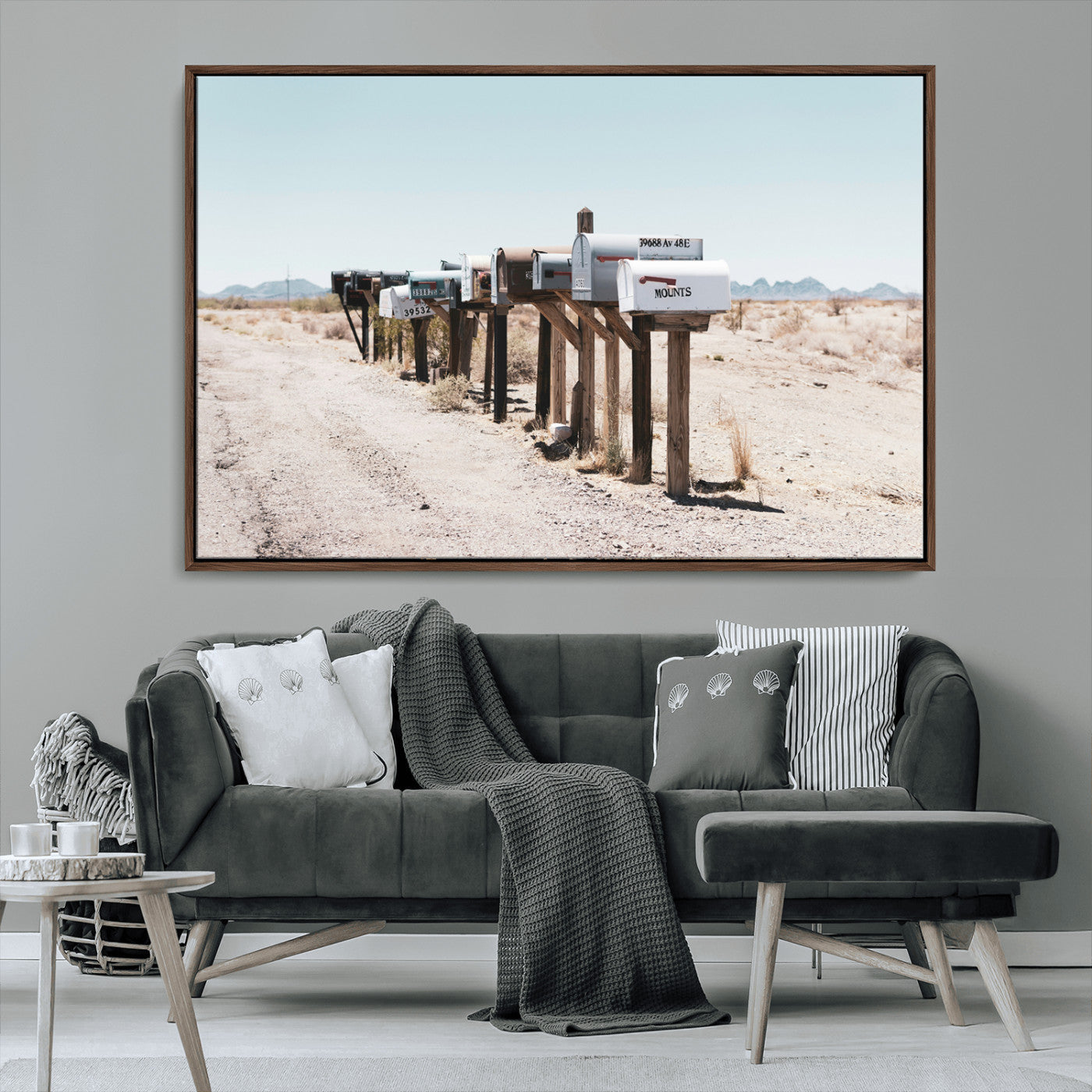 MGV-FC-36X24 - Desert Mailboxes Canvas Print – Minimal Western Landscape Photography, Rustic Americana Wall Art for
