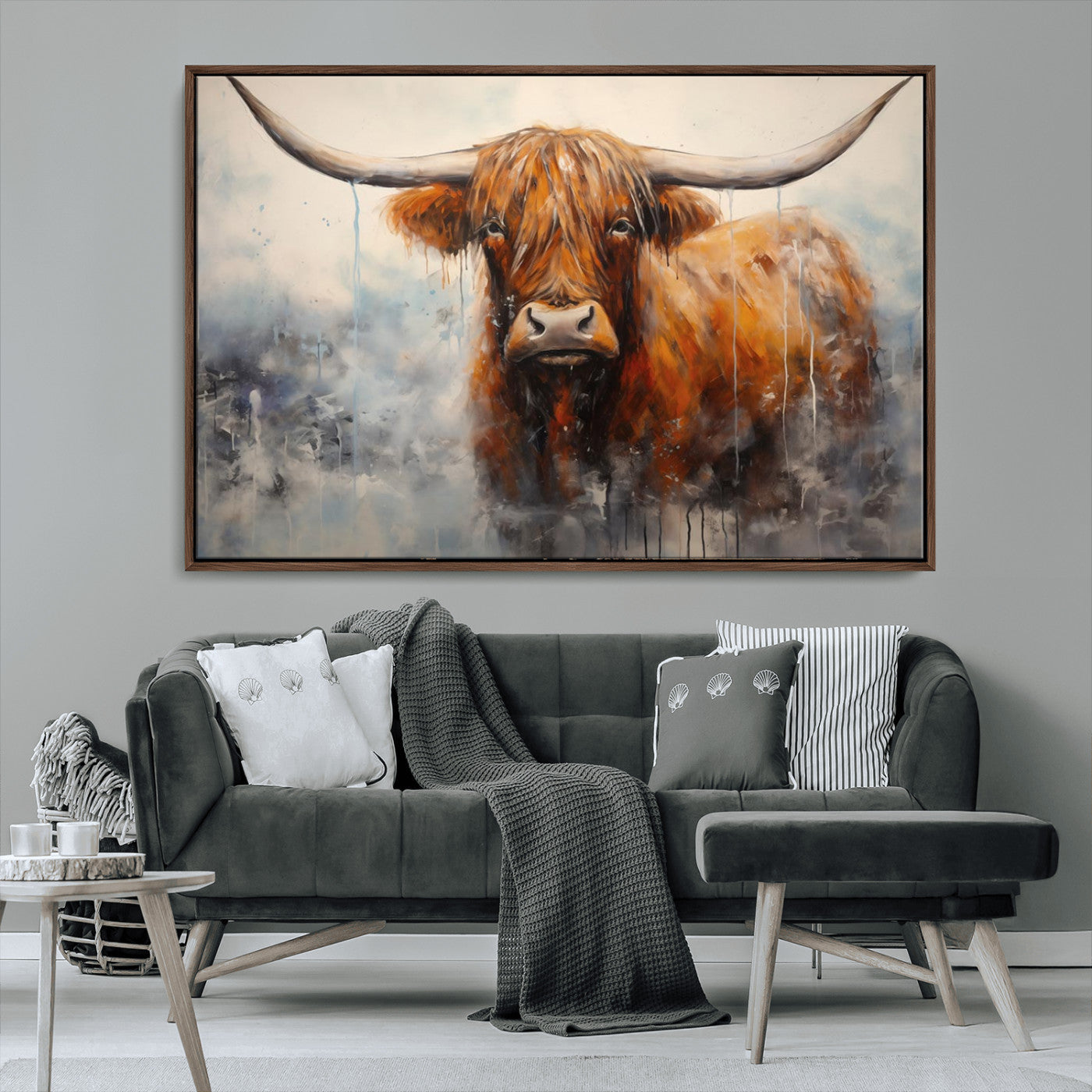 MGV-FC-36X24 - Scottish Highland Wall Art Canvas Print, Framed Longhorn Art Picture Print, Western Cow Perfect Farmhouse Decor Artwork