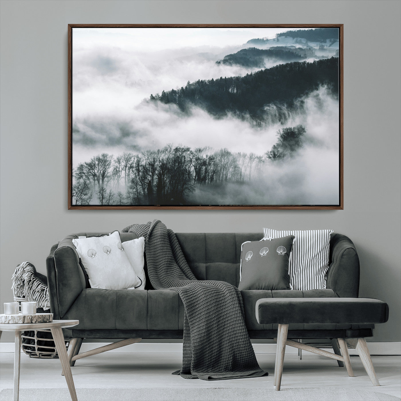 MGV-FC-36X24 - Foggy Forest Landscape Wall Art Canvas Print – Misty Mountain Valley Scene in Monochrome Tones,