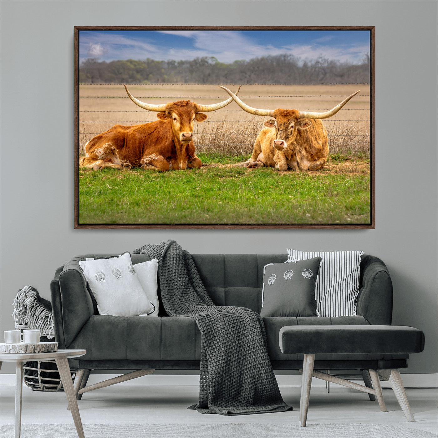 MGV-FC-36X24 - Texas Longhorn Pair Wall Art Canvas Print – Peaceful Rustic Ranch Scene with Two Cattle in Field,