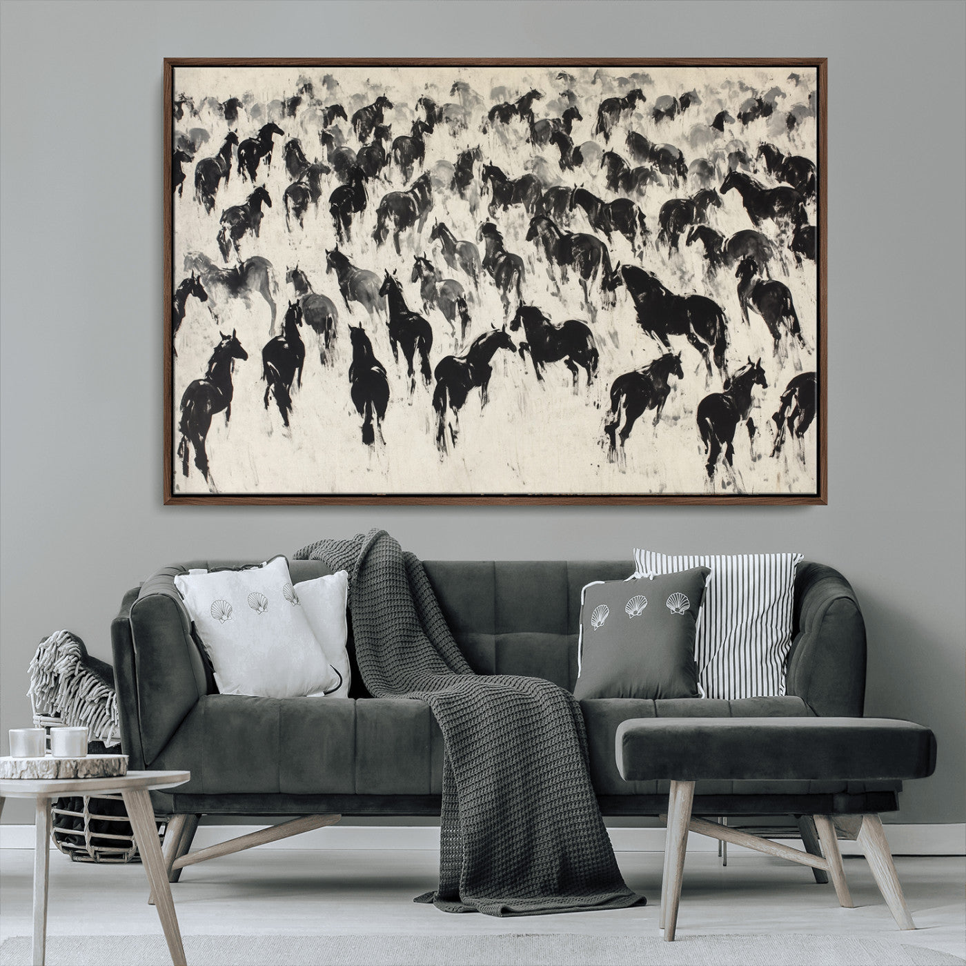 MGV-FC-36X24 - Wild Horse Stampede Wall Art Canvas Print – Monochrome Ink Brush Painting of Running Horses, Perfect