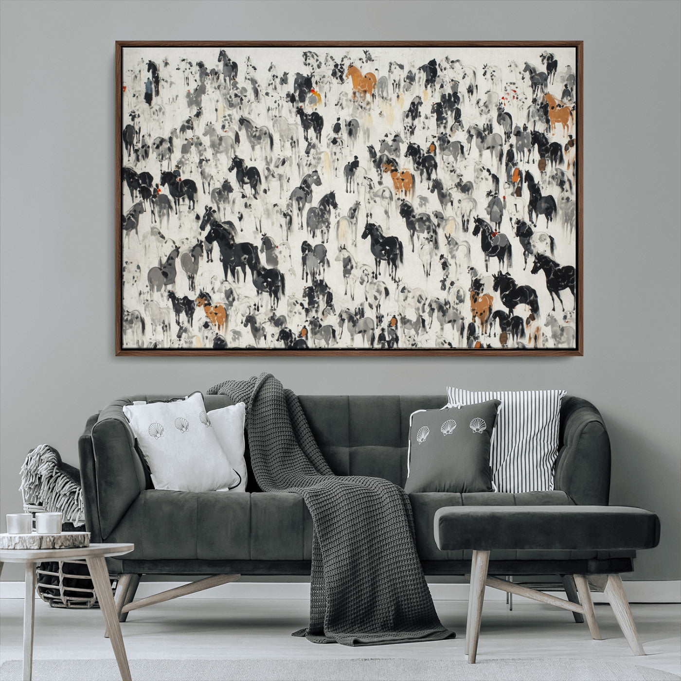 MGV-FC-36X24 - Wild Horse Stampede Wall Art Canvas Print – Monochrome Ink Brush Painting of Running Horses, Perfect
