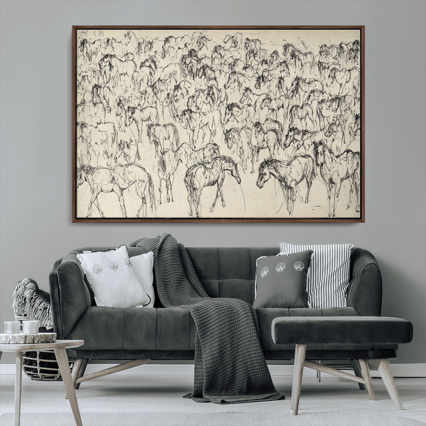 MGV-FC-36X24 - Wild Horse Stampede Wall Art Canvas Print – Monochrome Ink Brush Painting of Running Horses, Perfect