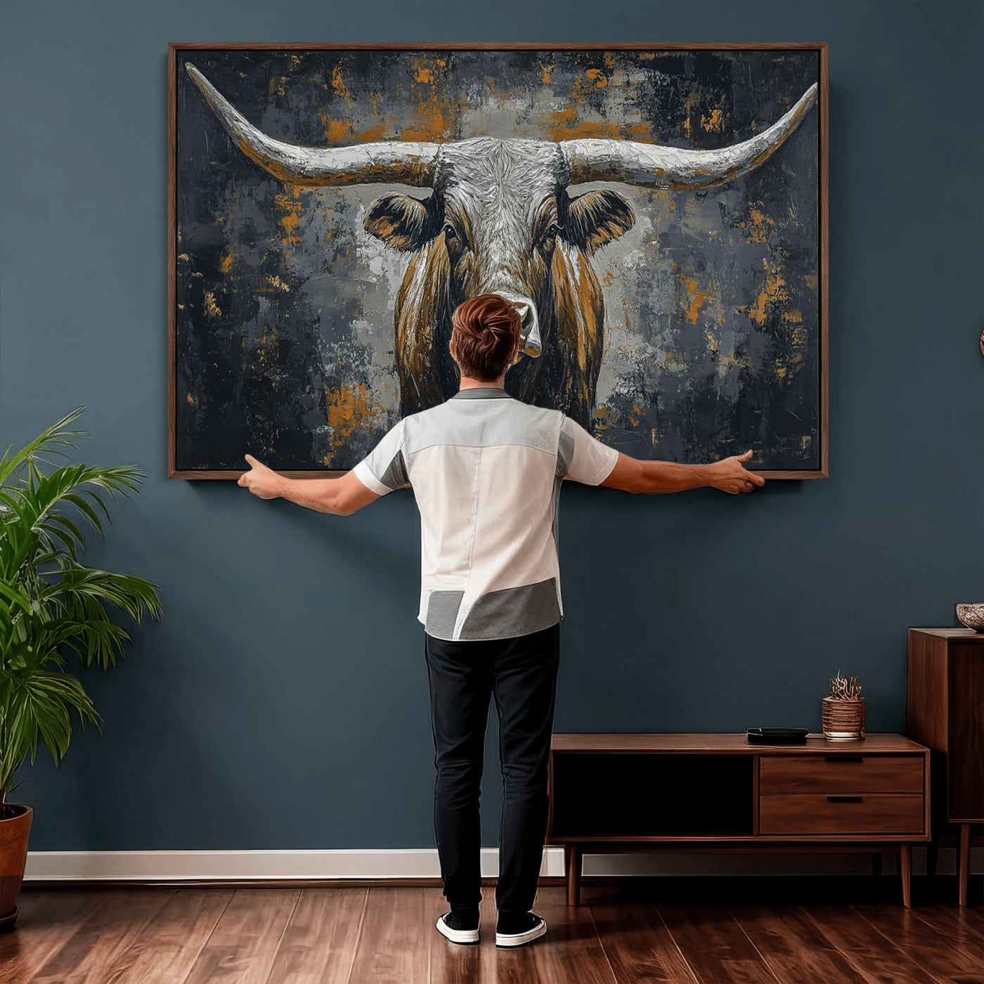 73972561-MGV-CV-36X24 - Bold Bull Wall Art Canvas – Striking Portrait with Wide Horns and Rich Brown Hues, Rustic Farmhouse and Western Decor for Home Room