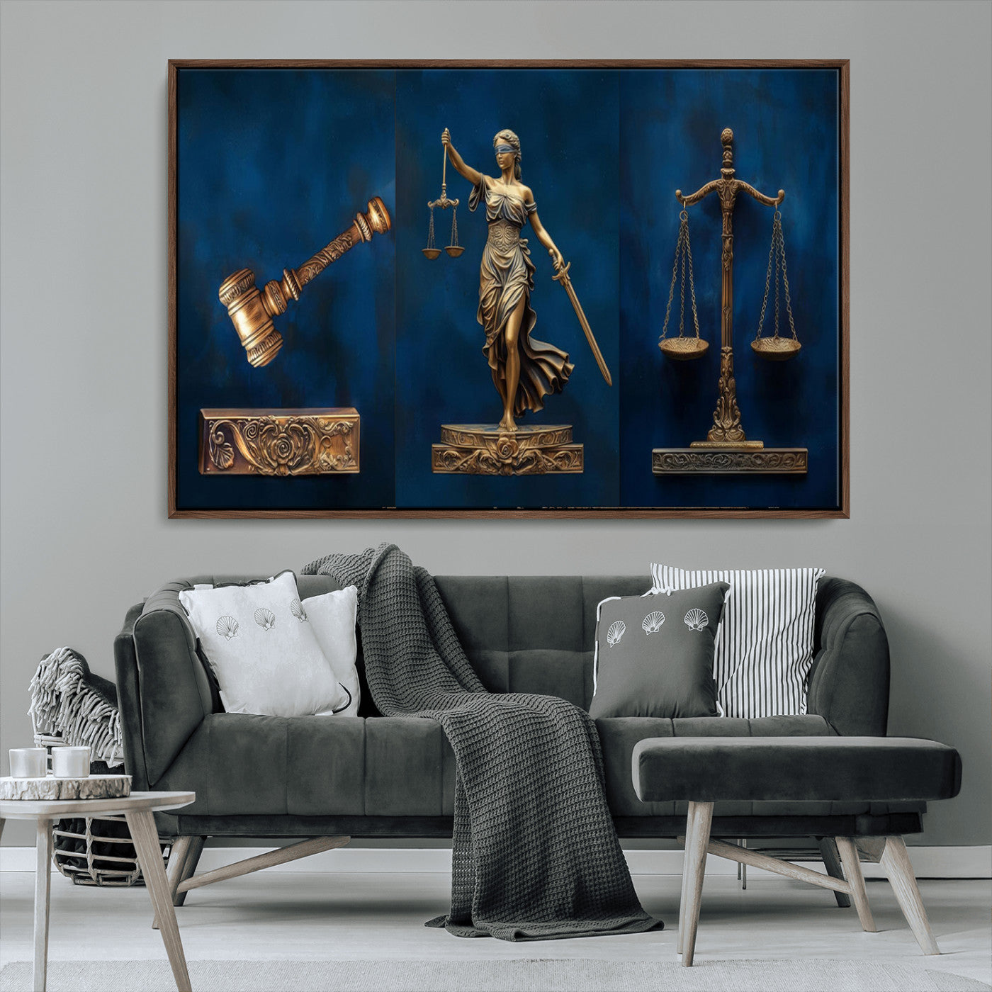 MGV-FC-36X24 - Lady Justice Wall Art Canvas Print – Elegant Gold Legal Symbols on Blue Background, Perfect for Law