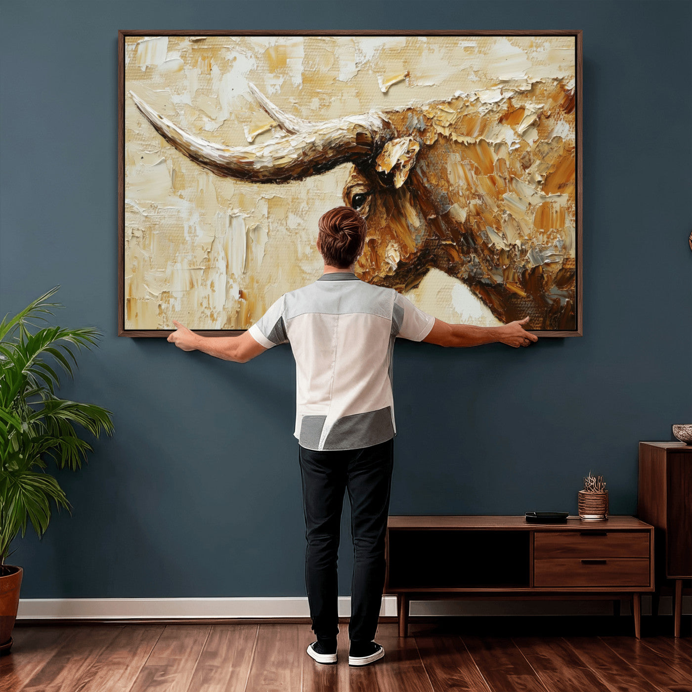 69611428-MGV-CV-36X24 - Rustic Longhorn Bull Wall Art Canvas Print – Vintage Western Cattle Painting, Texas Abstract Wall Cow Prints