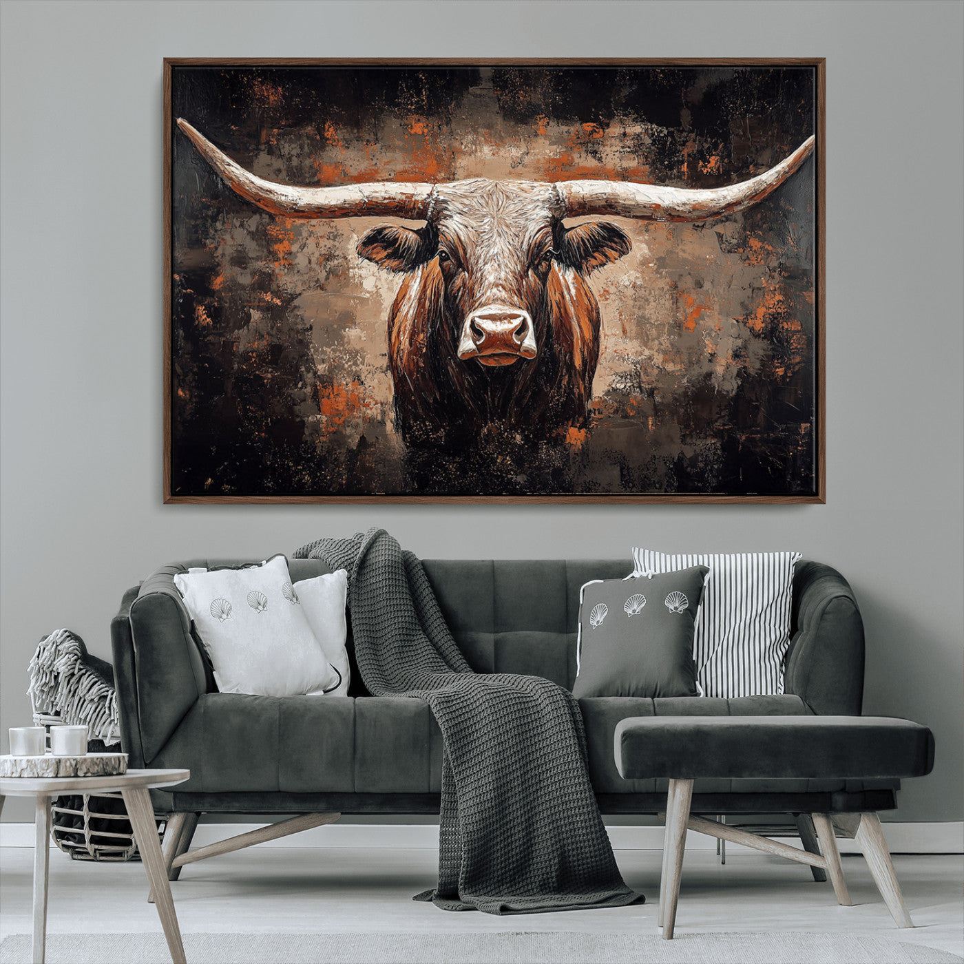 Rustic Longhorn Bull Wall Art Canvas Print – Vintage Western Cattle Painting, Texas Steer Artwork for Ranch, Farmhouse or Cowboy Decor