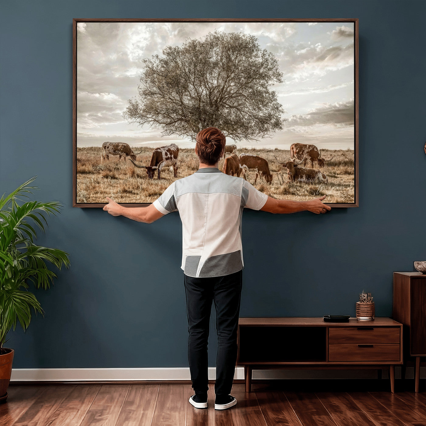 87590224-MGV-CV-36X24 - Texas Longhorn Cattle Wall Art Canvas Print – Rustic Western Ranch Scene with Steers at Sunset, Perfect for Farmhouse or Cowboy Decor