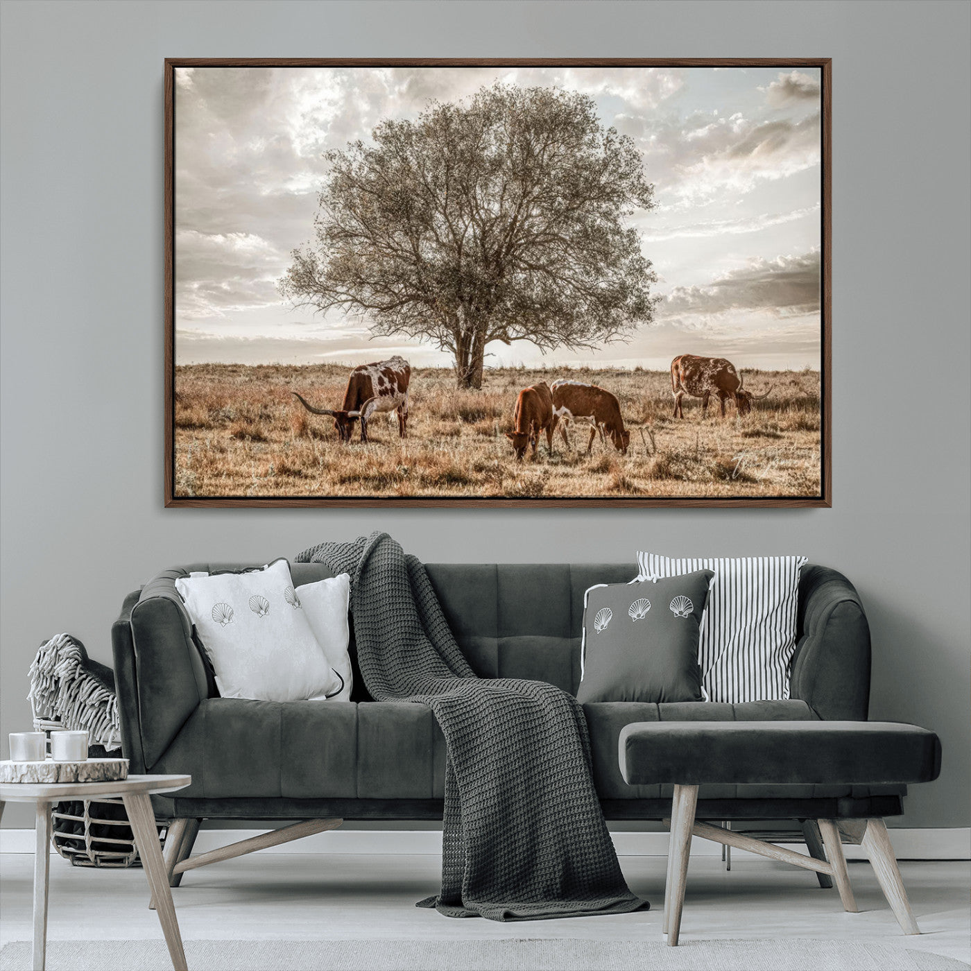 Texas Longhorn Cattle Wall Art Canvas Print – Rustic Western Ranch Scene with Steers at Sunset, Perfect for Farmhouse or Cowboy Decor