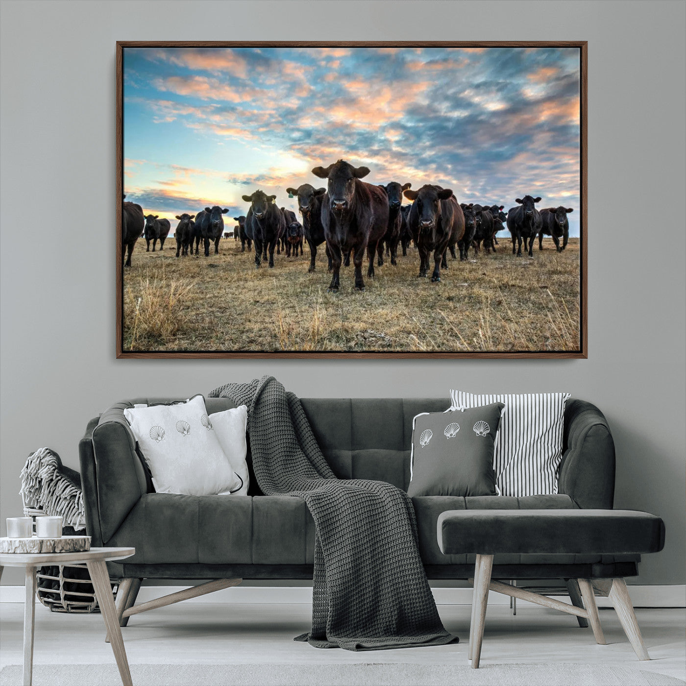 13867292-MGV-CV-36X24-Texas Longhorn Cattle Wall Art Canvas Print – Rustic Western Ranch Scene with Steers at Sunset, Perfect for Farmhouse or Cowboy Decor