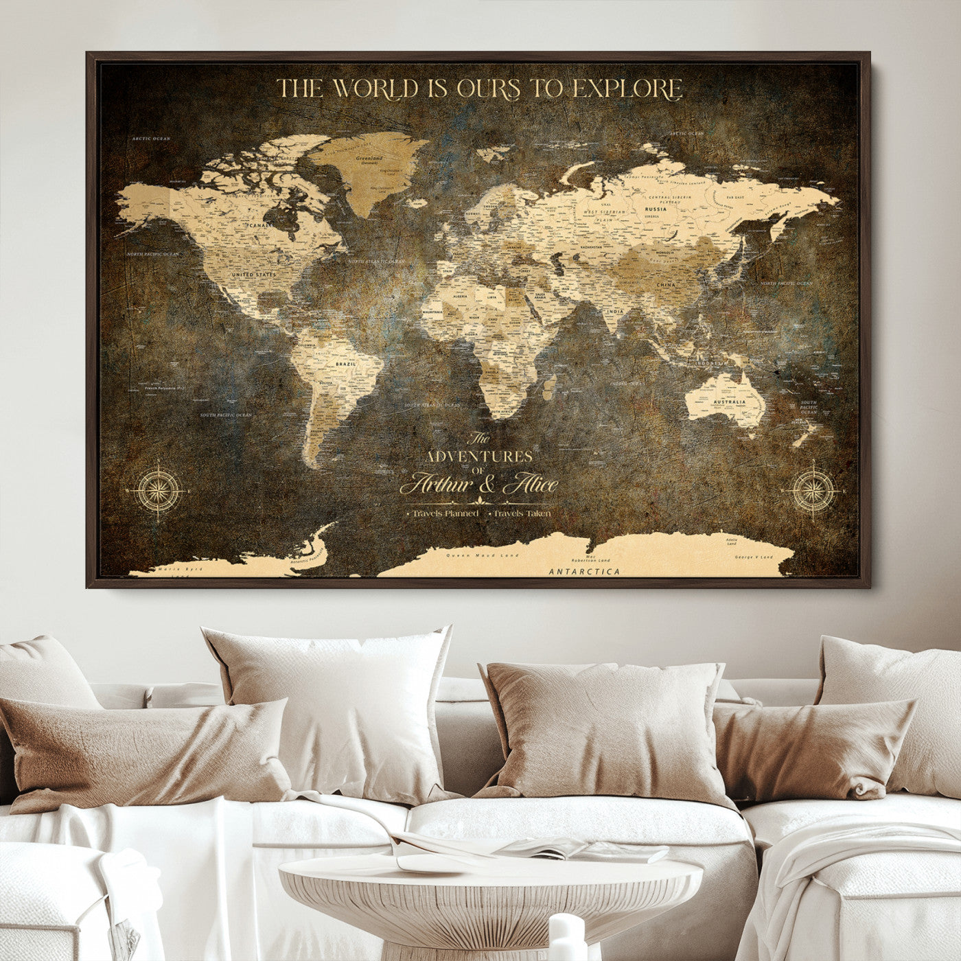 76675404-MGV-CV-36X24-Framed Push Pin World Travel Map – Canvas Wall Art for Tracking Adventures, Decorative Vintage Style Map with Pins for Home or Office - H1