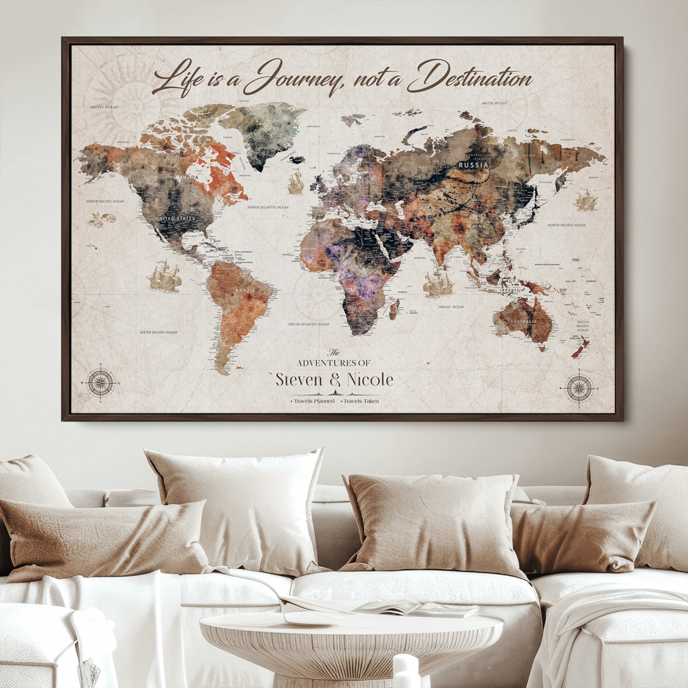 96000140-MGV-CV-36X24-Custom Push Pin World Map Wall Canvas Print – Personalized Travel Tracker with Pins – Framed Large Multi-Size Canvas for Home Office Decor