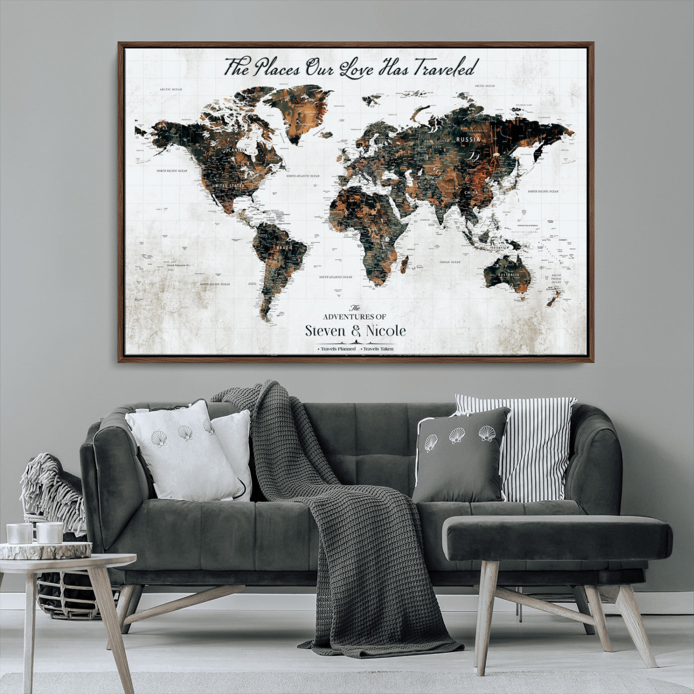 89231588-MGV-CV-36X24-World Travel Map with Pins – Framed Canvas Print to Track Adventures and Create a Visual Travel Journal, Ideal Wall Art for Home - H17