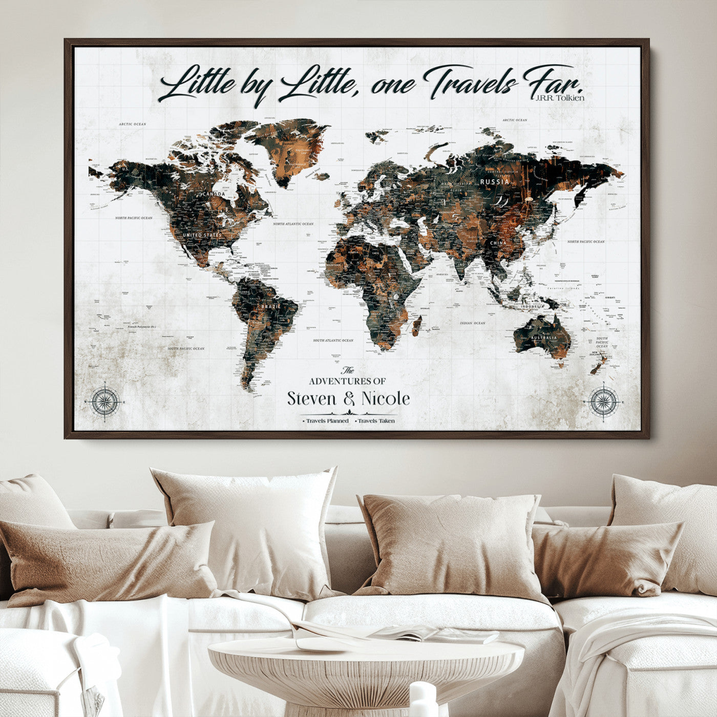89231588-MGV-CV-36X24-Custom Push Pin World Map Wall Canvas Print – Personalized Travel Tracker with Pins – Framed Large Multi-Size Canvas for Home Office Decor