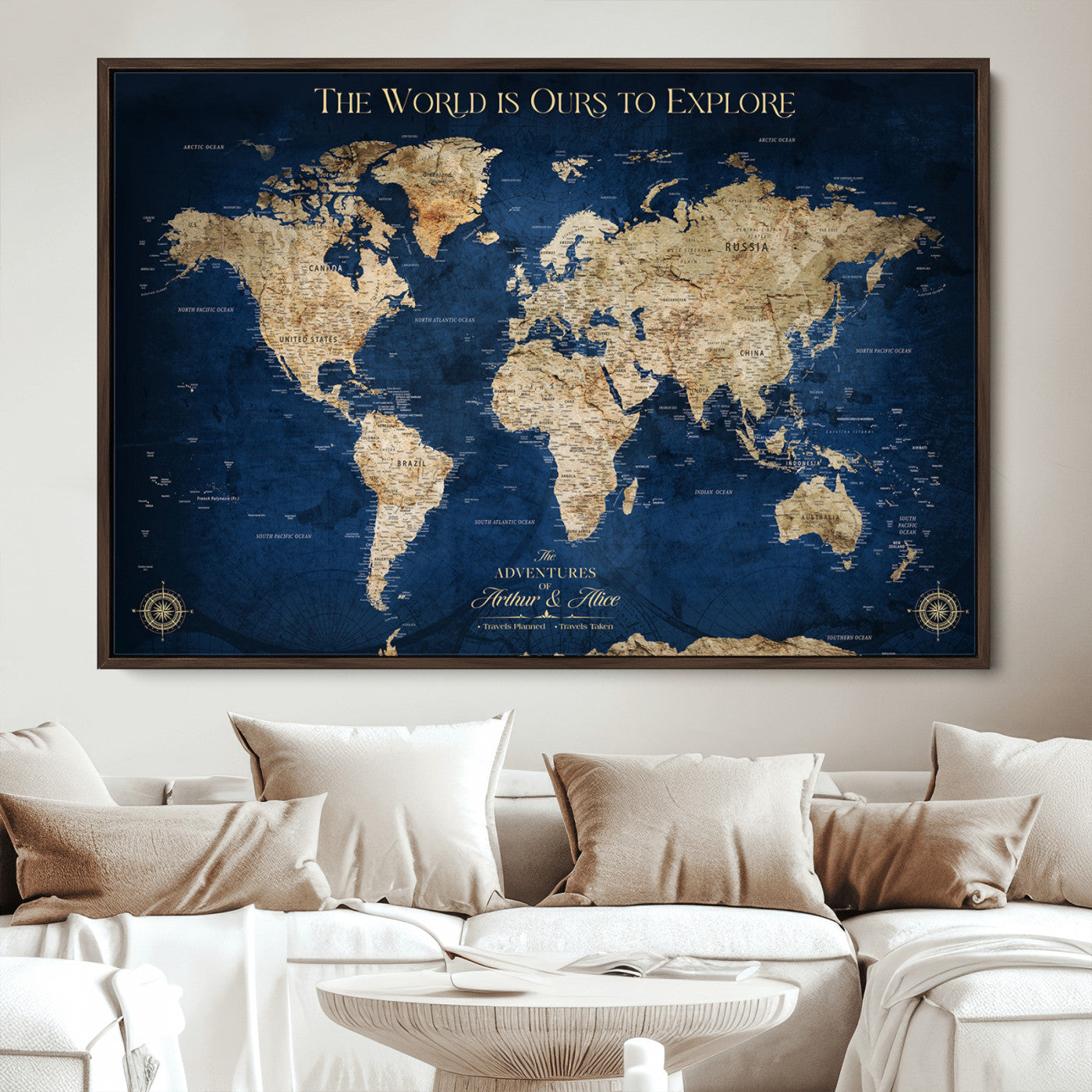 10181149-MGV-CV-36X24-Custom Push Pin World Map Wall Canvas Print – Personalized Travel Tracker with Pins – Framed Large Multi-Size Canvas for Home Office Decor
