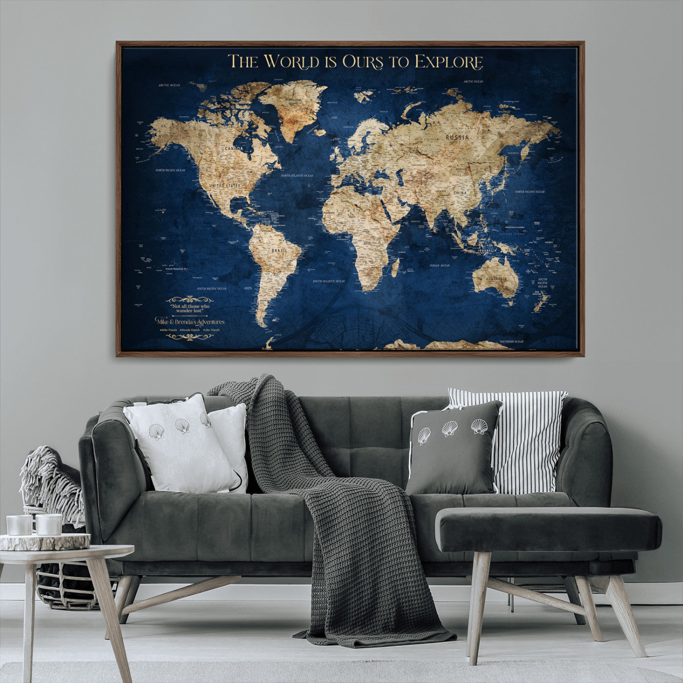 10181149-MGV-CV-36X24-Custom Push Pin World Map Wall Canvas Print – Personalized Travel Tracker with Pins – Framed Large
