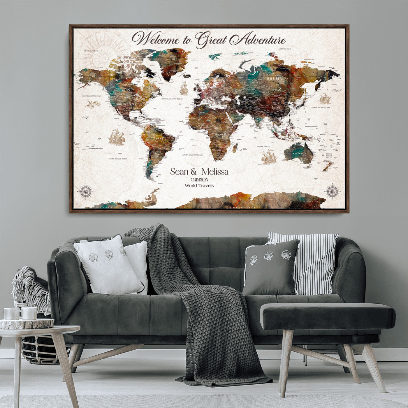 92462592-MGV-CV-36X24-Customize Push Pin World Map Wall Canvas Print – Personalizable Travel World Map with Pins – Framed Personalized Map Print for Couple Gift - H31