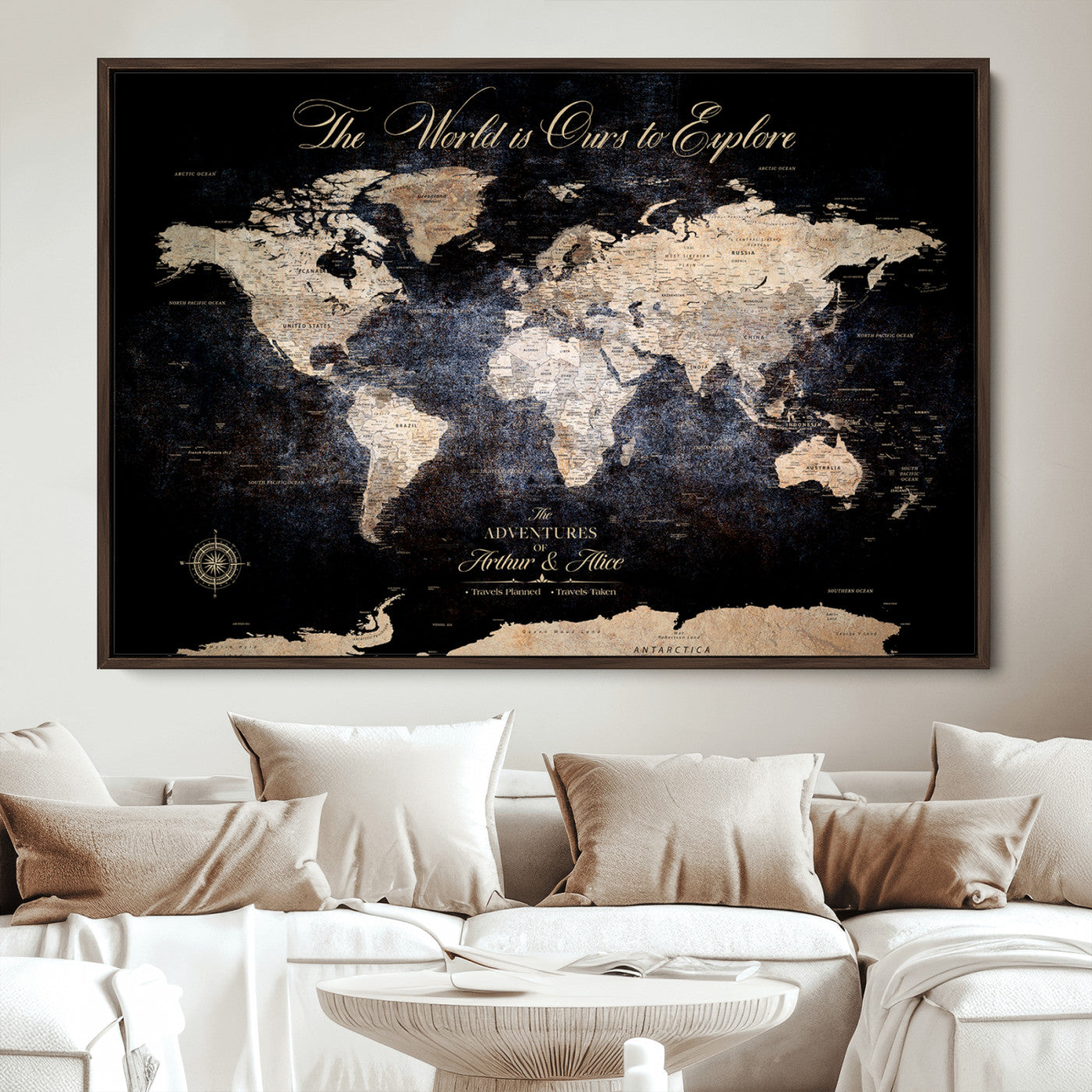 21010471-MGV-CV-36X24-Customize Push Pin World Map Wall Canvas Print, Personalized Travel Tracker with Pins, Framed Large Canvas for Home Office Decor - H37