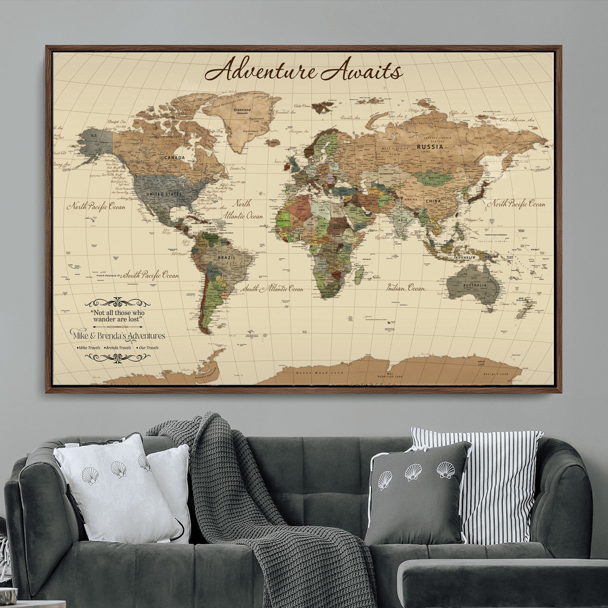 31875069-MGV-FC-36X24 - Customizable Push Pin World Map Wall Canvas Print – Personalize Travel Tracker with Pins – Framed Custom Quotie Canvas for Home Office Decor