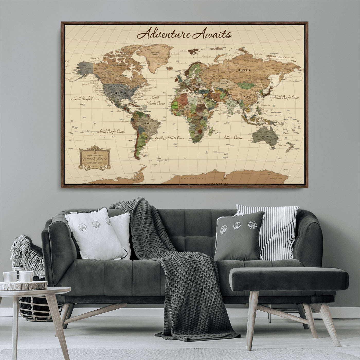 31875069-MGV-FC-36X24_Walnut-Custom Push Pin World Map Wall Canvas Print – Personalized Travel Tracker with Pins – Framed Custom Quotie Canvas for Home Office Decoration