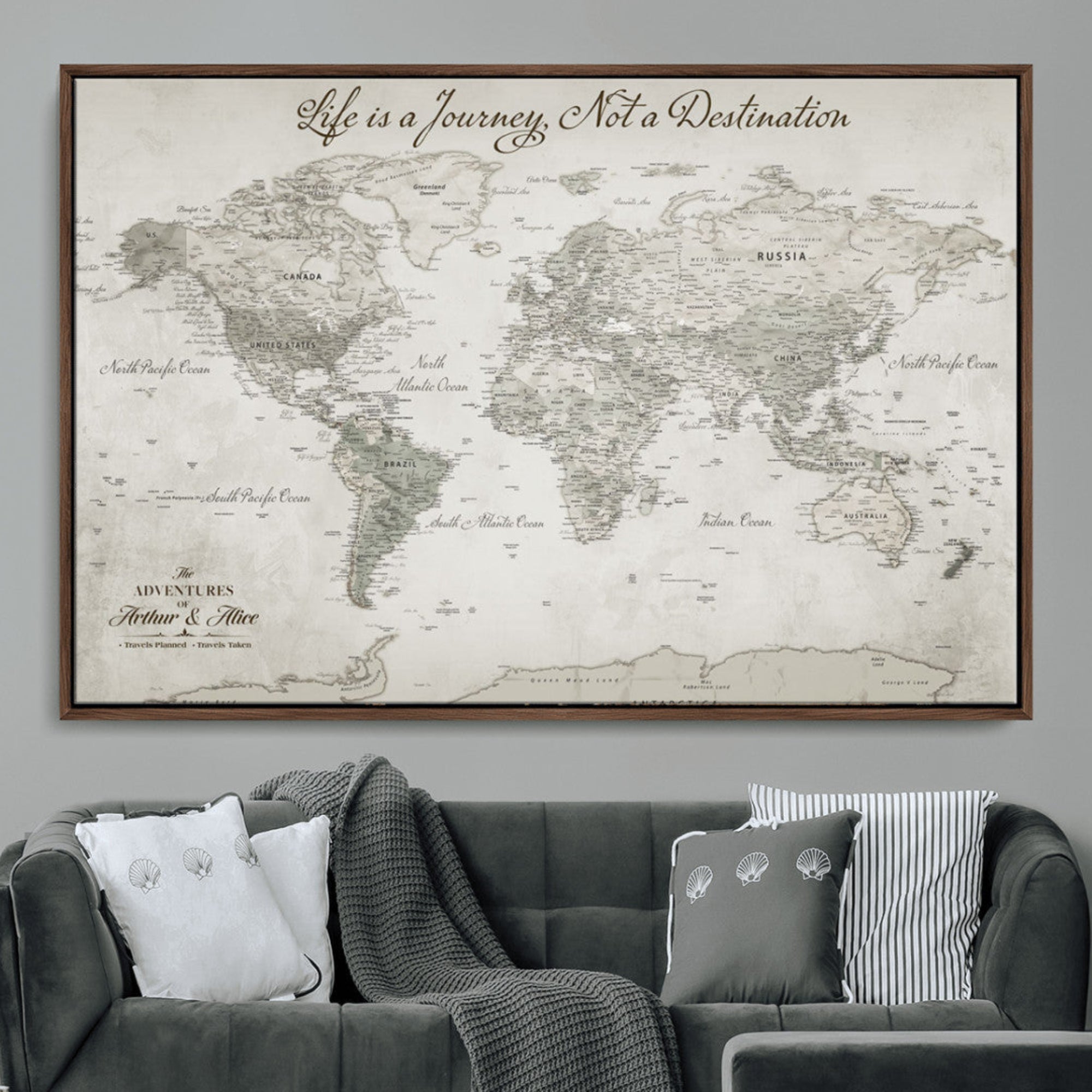 11398637-MGV-CV-36X24-Personalized Vintage World Map Canvas Print – Framed Push Pin Travel Tracker Neutral Elegant Artwork for Home, Office