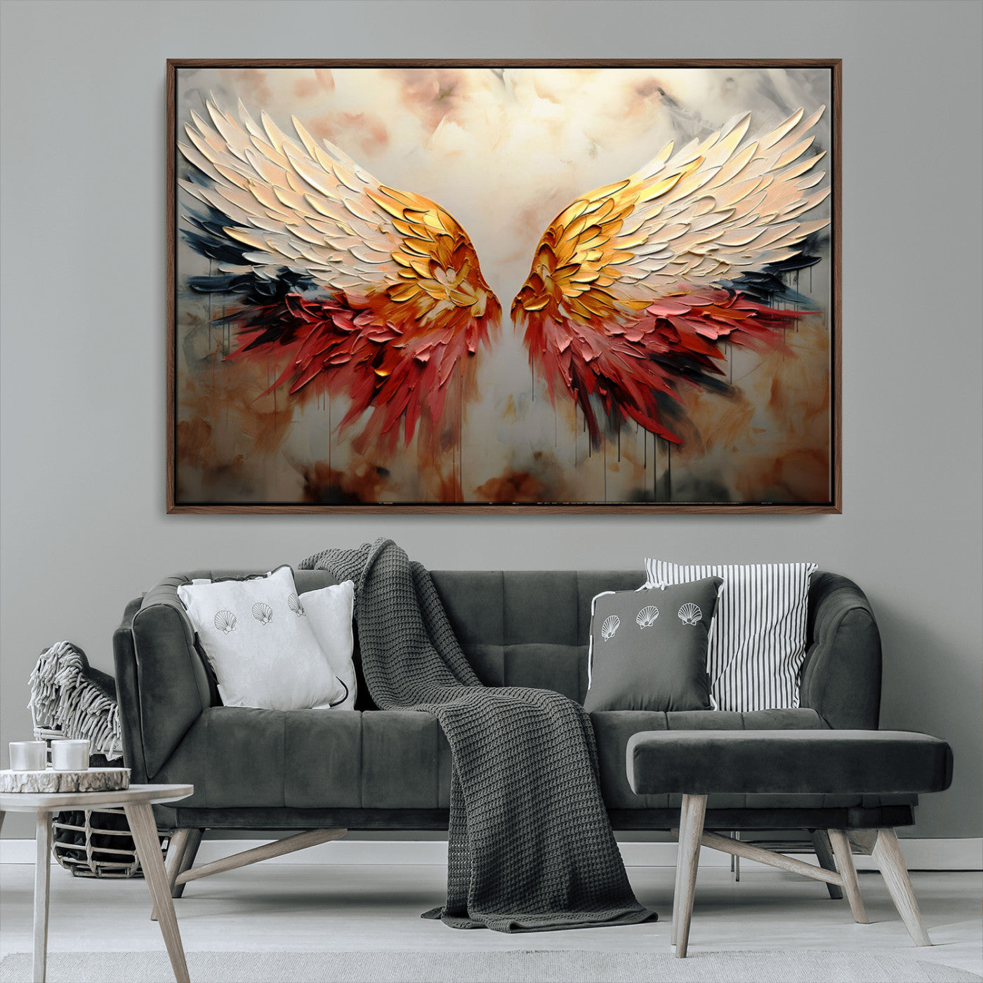 A stunning 3D-style painting of angel wings with vibrant gold, red, and black hues, creating a dramatic and striking visual effect.