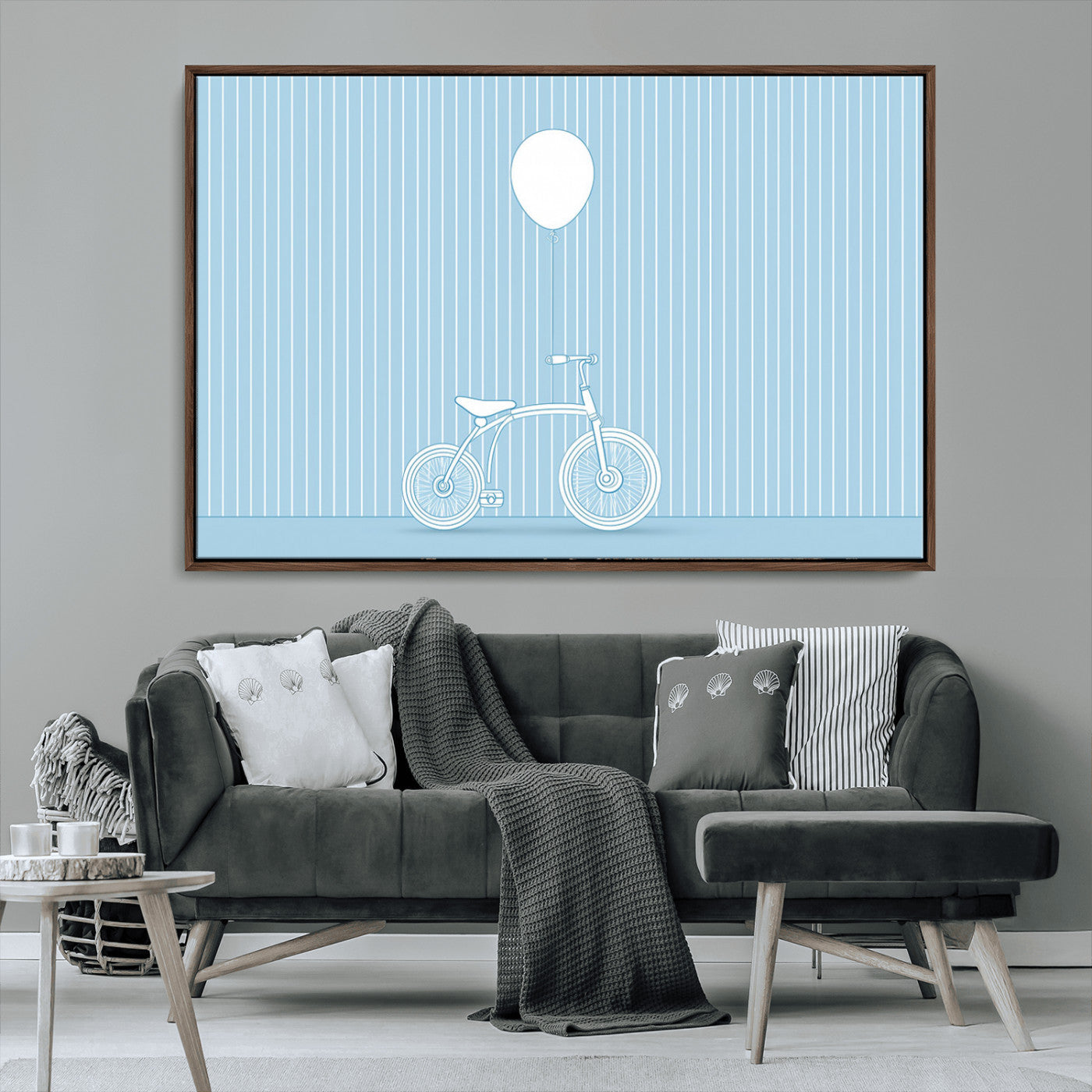 A minimalistic blue line drawing of a bicycle with a balloon floating above it, set against a soft striped background.