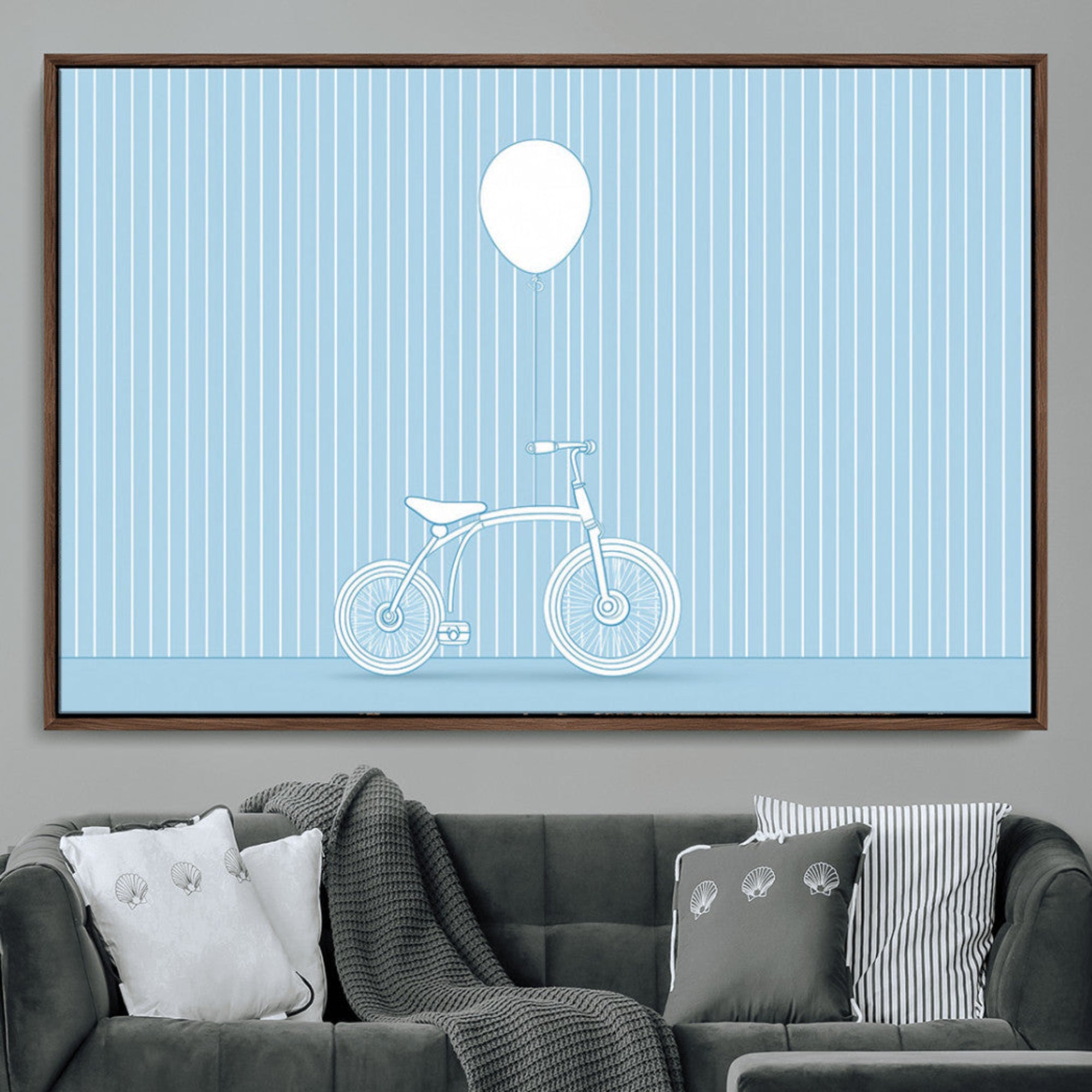 56479838-MGV-CV-36X24-Minimalist Bicycle Balloon Wall Art Canvas Print – Playful Blue Modern Line Art Decor for Home, Office, Living Room