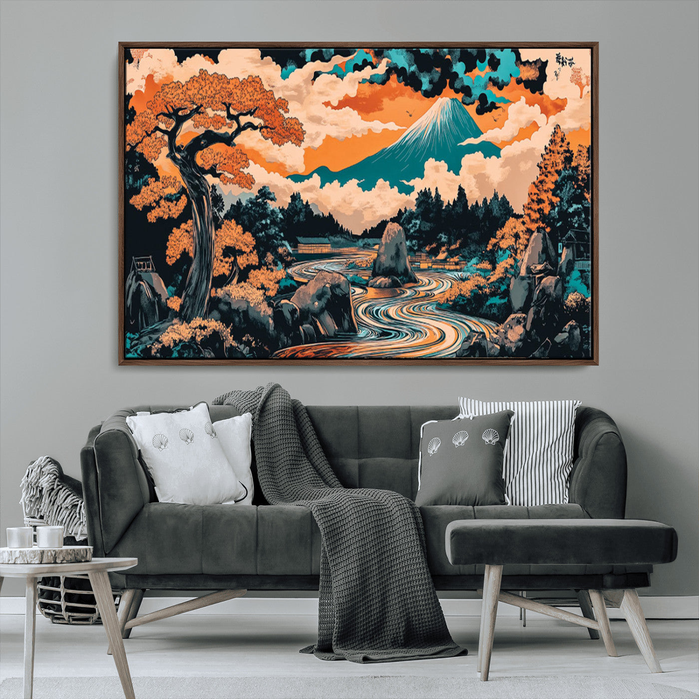 A vibrant Japanese-inspired landscape featuring Mount Fuji, a winding river, and autumn-colored trees under a dramatic sky, in bold and vivid hues.