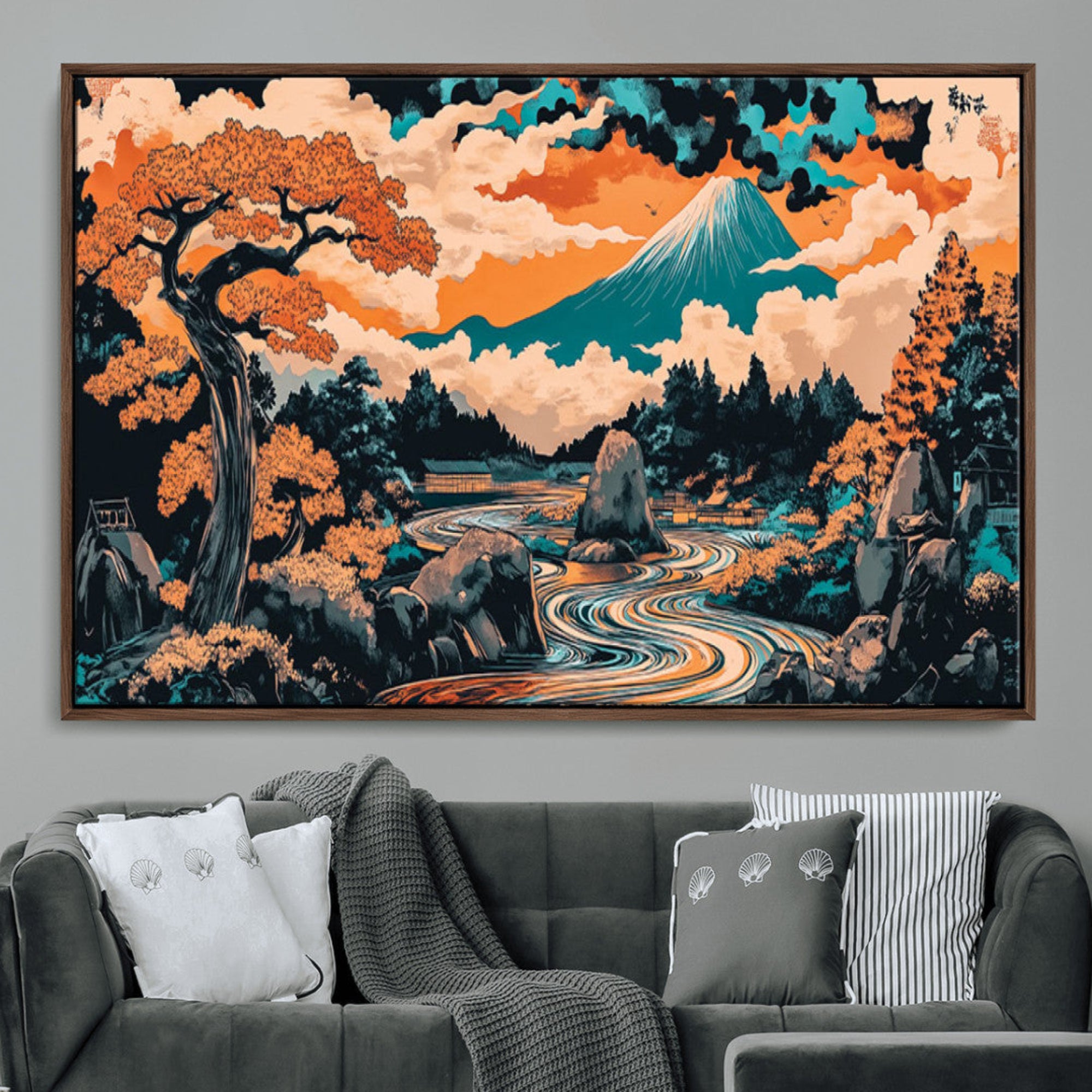 A vibrant Japanese-inspired landscape featuring Mount Fuji, a winding river, and autumn-colored trees under a dramatic sky, in bold and vivid hues.