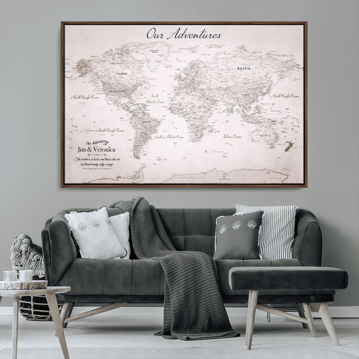 Customize Push Pin World Map Wall Canvas Print – Personalized Travel Map with Foam Pins – Framed Custom Quotie Canvas for Home Office Decor