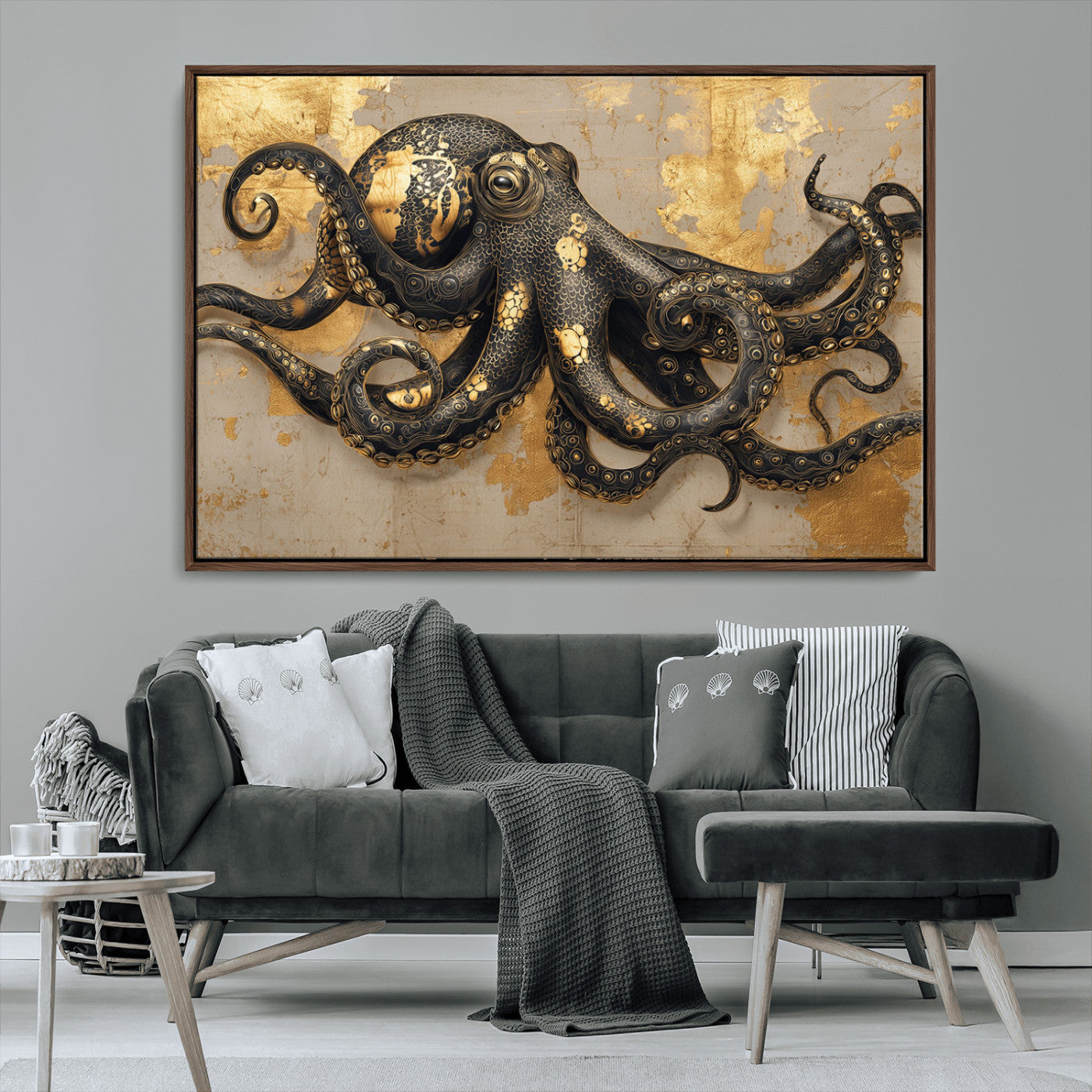 A stunning golden and black illustration of an octopus on a textured background with gold leaf accents, highlighting its intricate tentacles and unique design.