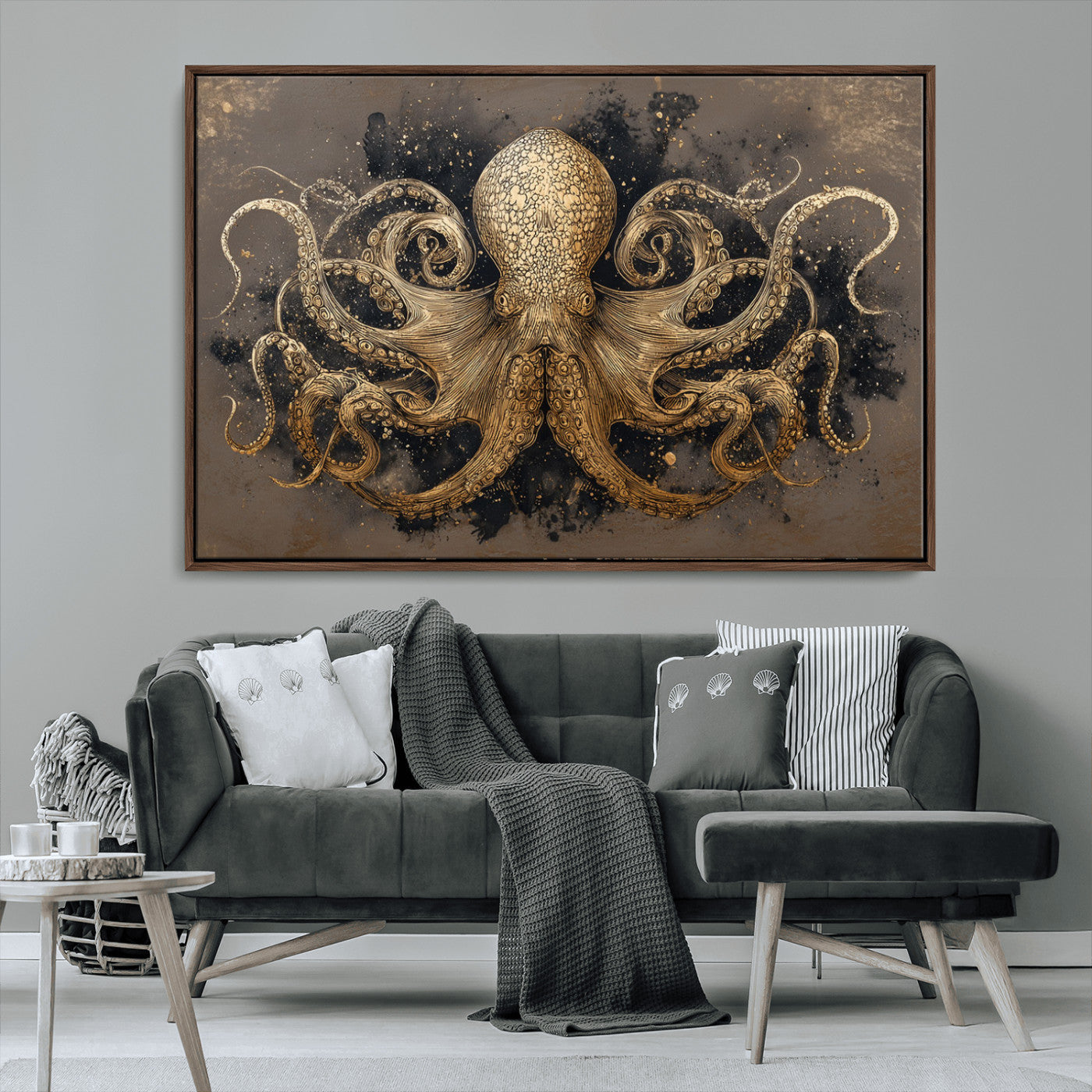 A beautifully detailed illustration of an octopus in gold ink on a textured dark background, with swirling tentacles and intricate patterns.