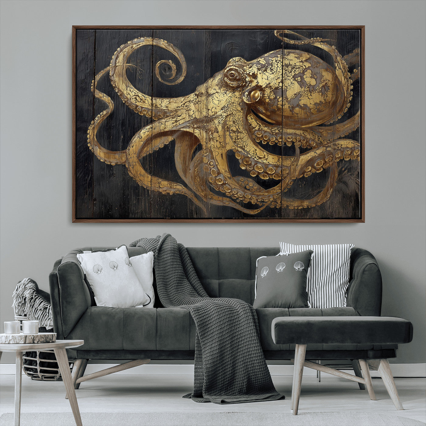 A detailed gold illustration of an octopus on black wooden planks, showing its intricate tentacles and textured skin in an artistic style.