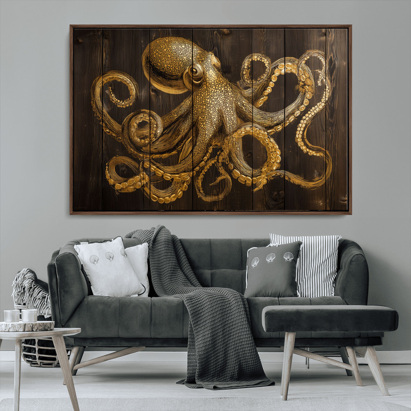 An artistic rendering of an octopus in gold ink on wooden planks, showcasing intricate details of its tentacles and textured skin.