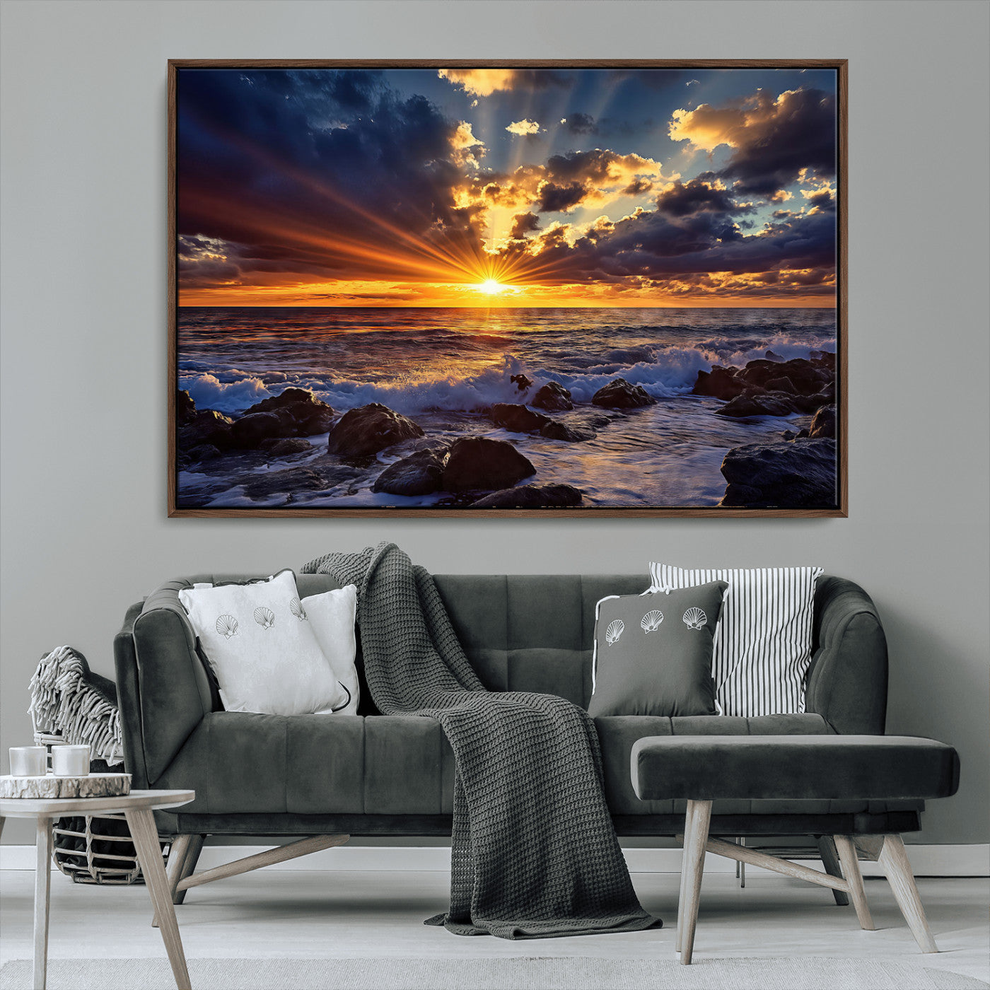 An explosive sunset over the ocean with dramatic clouds and rays of sunlight reflecting off the water, creating a vibrant and captivating view.