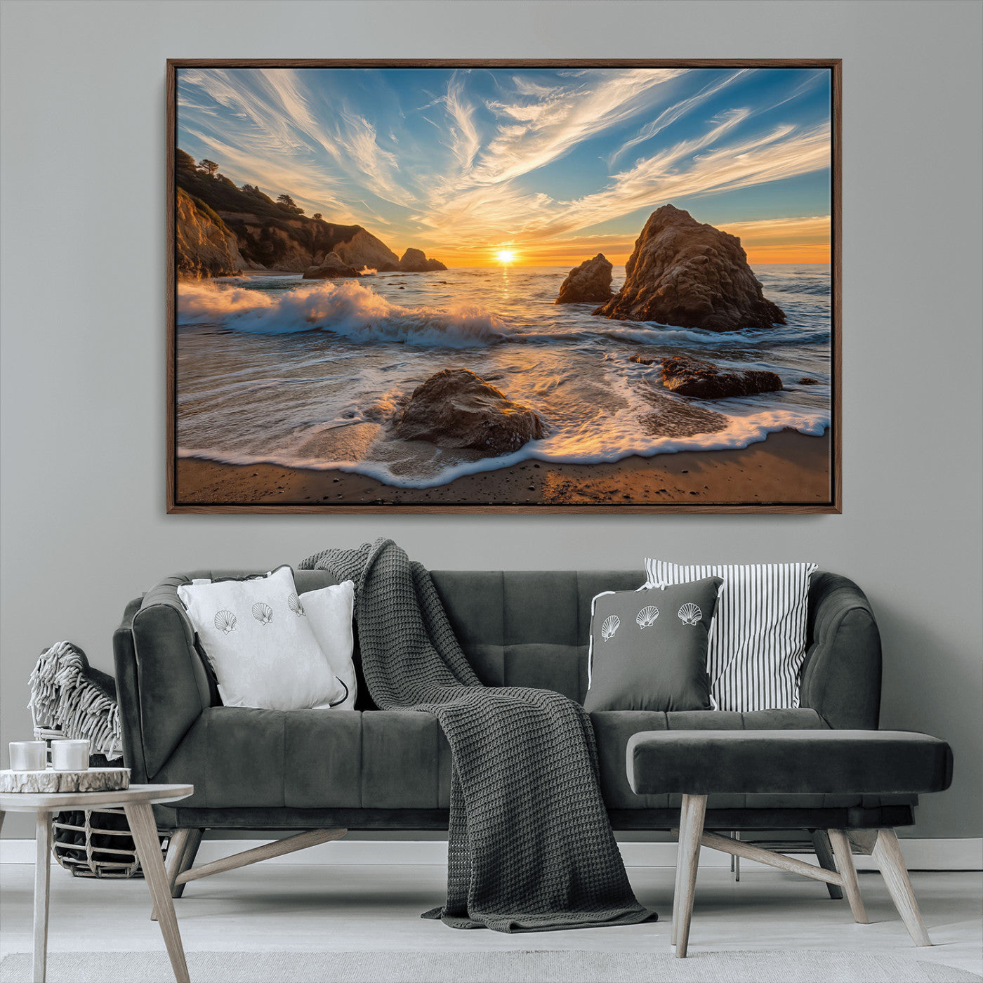 Rocky Ocean Sunset Wall Art Print, Seaside Canvas Wall Art, Dramatic Seascape Canvas Print for Coastal Modern Decor, Ocean Sunset Art Printing