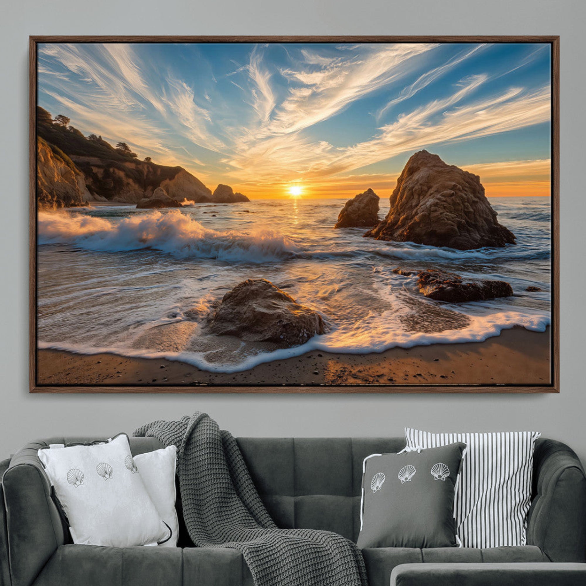 85659923-MGV-CV-36X24-Rocky Ocean Sunset Wall Art Print – Seaside Canvas Dramatic Seascape Waves Golden Sky Artwork for Home Office