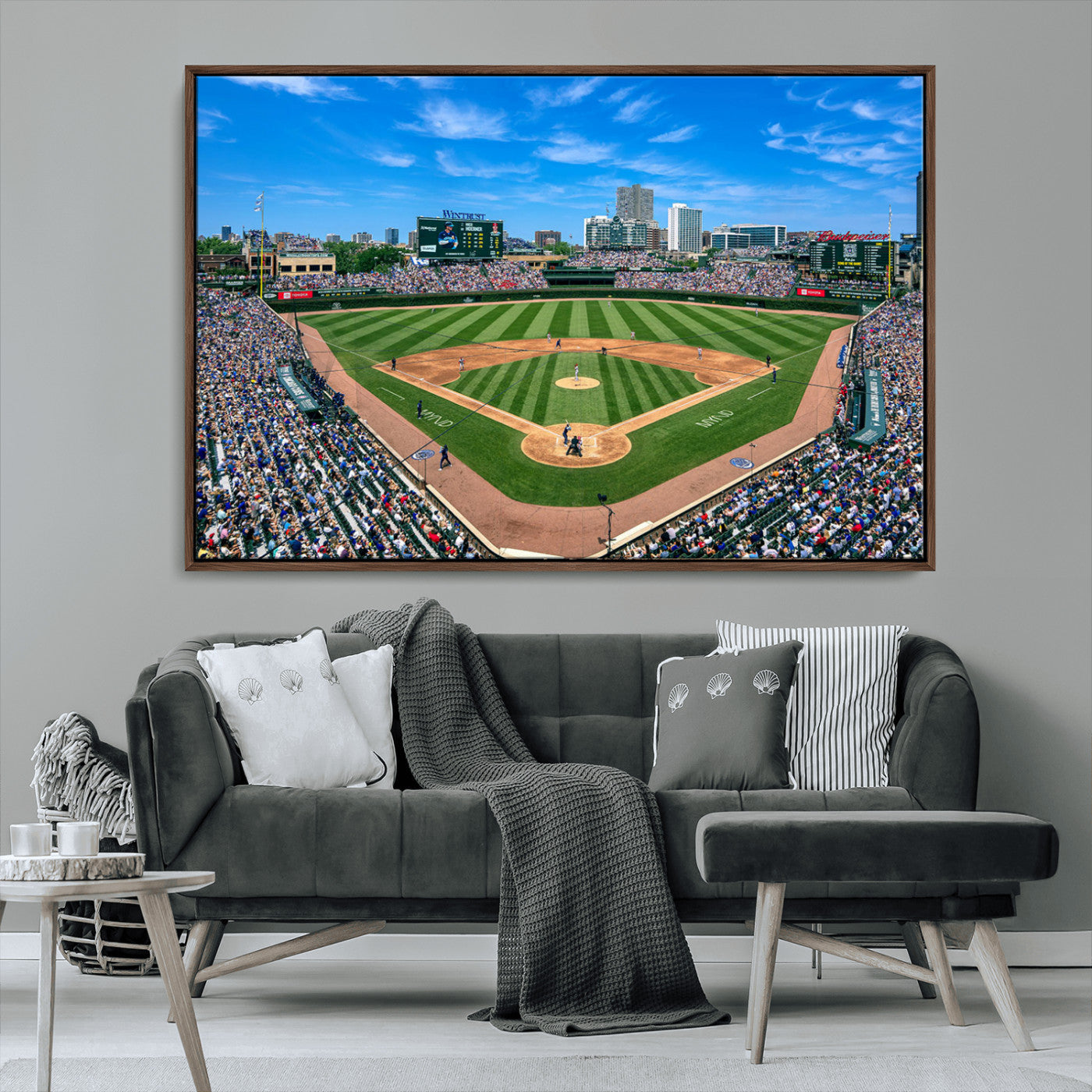Wrigley Field Baseball Stadium Canvas Wall Art, Packed Crowd Sports Stadium Print, City Skyline Baseball Field Canvas for Game Room Decor